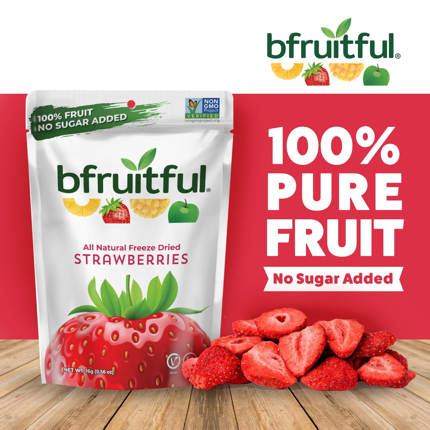 bfruitful Freeze-Dried Strawberries, Gluten Free, Dairy Free, No Sugar Added, 12-Pack