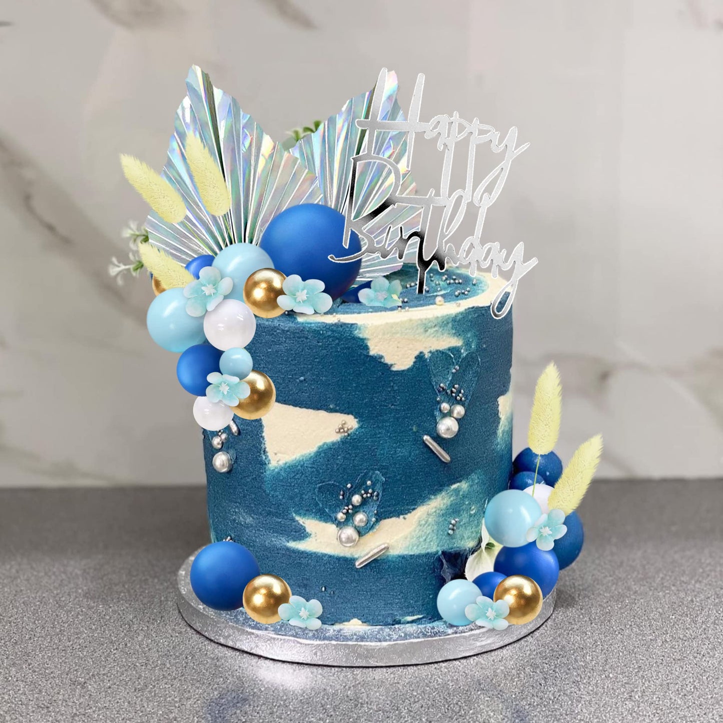 Flower Boho Cake Topper Ball Cake Decorations Navy Blue Balls Happy Birthday Boho Grass Cake Toppers For Wedding Baby Shower Bir