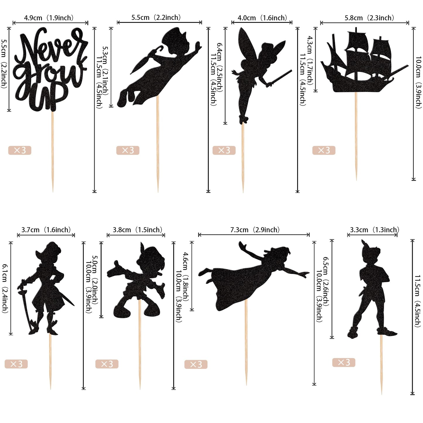 ZHUOWEISM 24 PCS Cupcake Toppers - Star Glitter Neverland Peter Pan Decor for Baby Shower & Birthday, Black, Bamboo Material