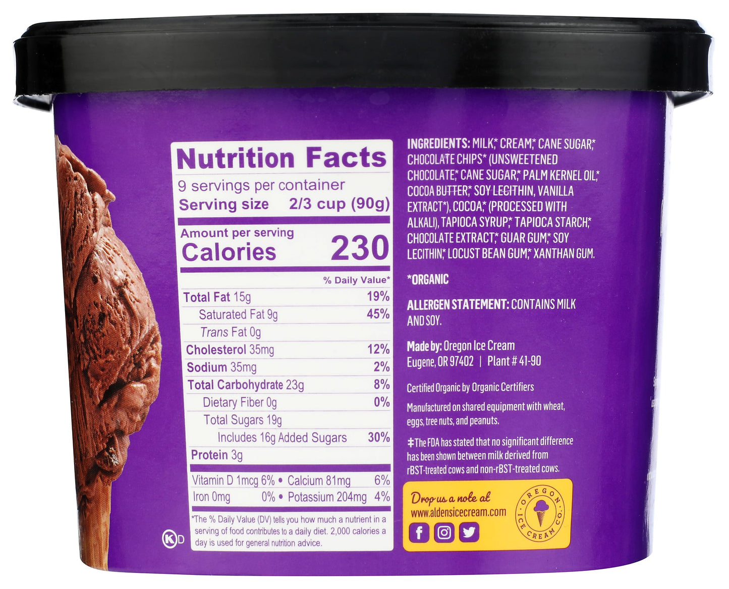Aldens, Organic Chocolate Chocolate Chip Ice Cream, 48 oz (Frozen)