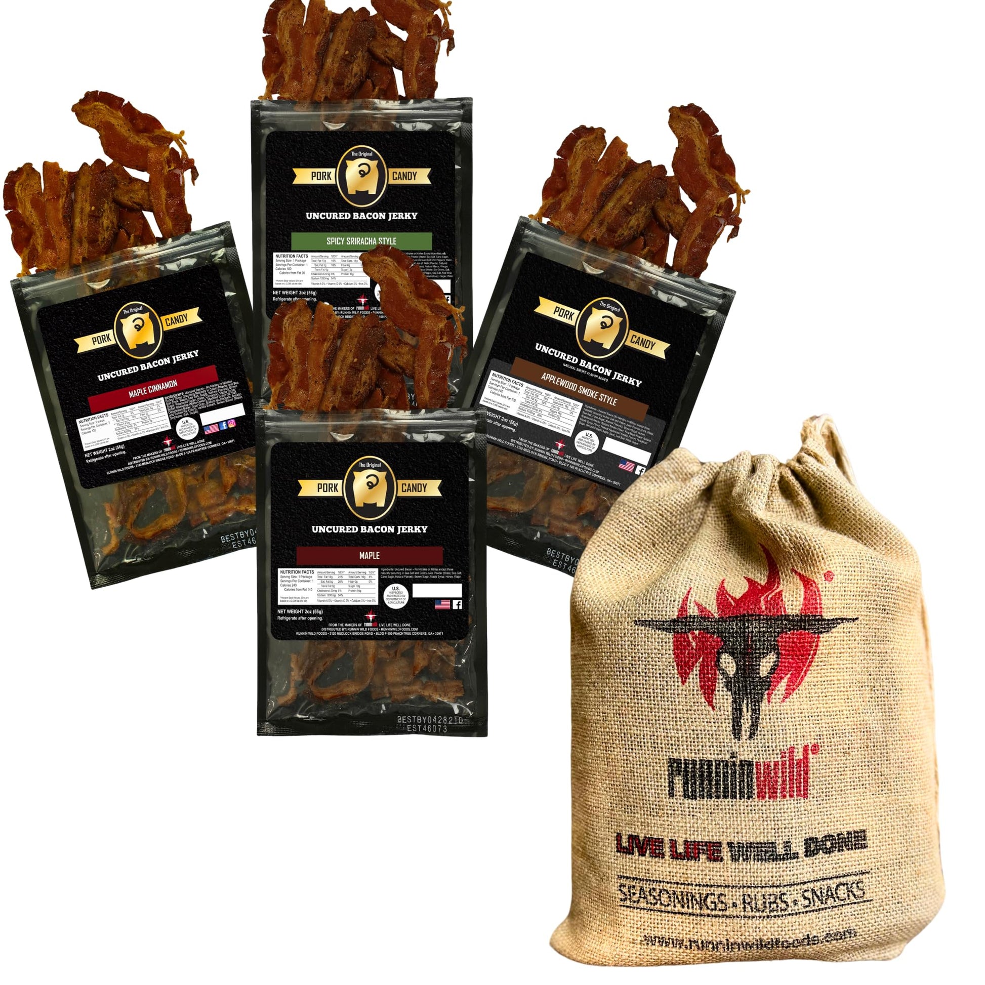 Bacon Jerky Gift Basket For Men | Bacon Jerky Variety Pack Of Maple Bacon, Applewood Smoke, Spicy Sriracha & Maple Cinnamon - Pa