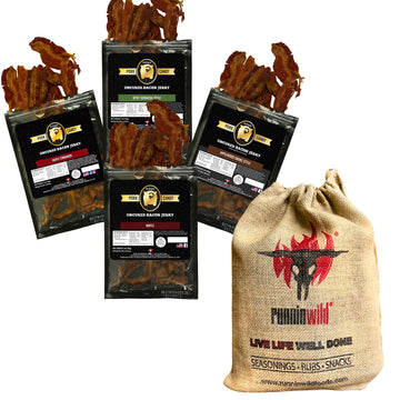Bacon Jerky Gift Basket For Men | Bacon Jerky Variety Pack Of Maple Bacon, Applewood Smoke, Spicy Sriracha & Maple Cinnamon - Pa