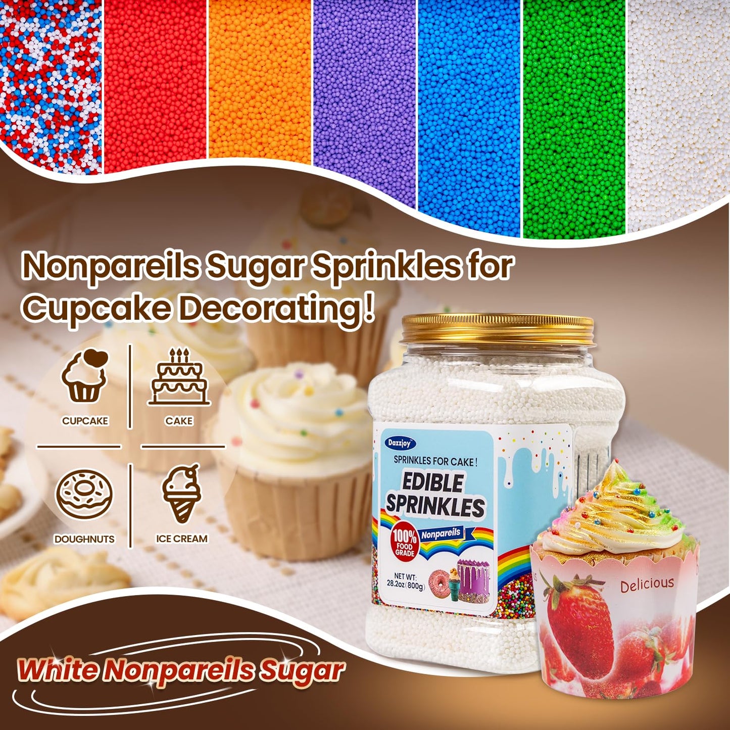 White Sprinkles, Edible Nonpareils, Food Grade, Bulk 800G, Cake Toppers And Cake Decorations, Ice Cream, Wedding Party Valentine