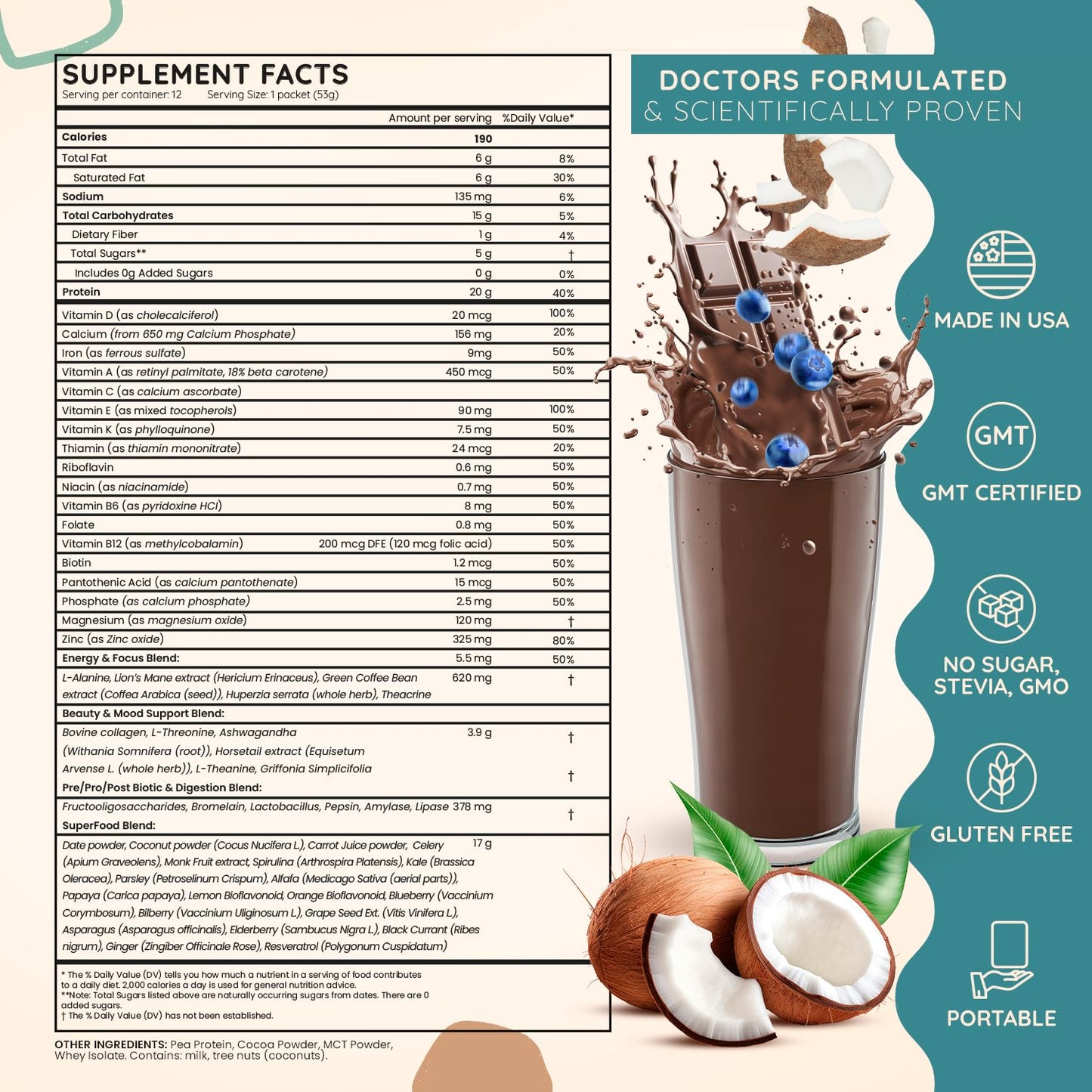 HerNutrients SuperFood Meal Replacement Protein Powder with Greens & Vitamins, 1.87 oz, Chocolate Flavor