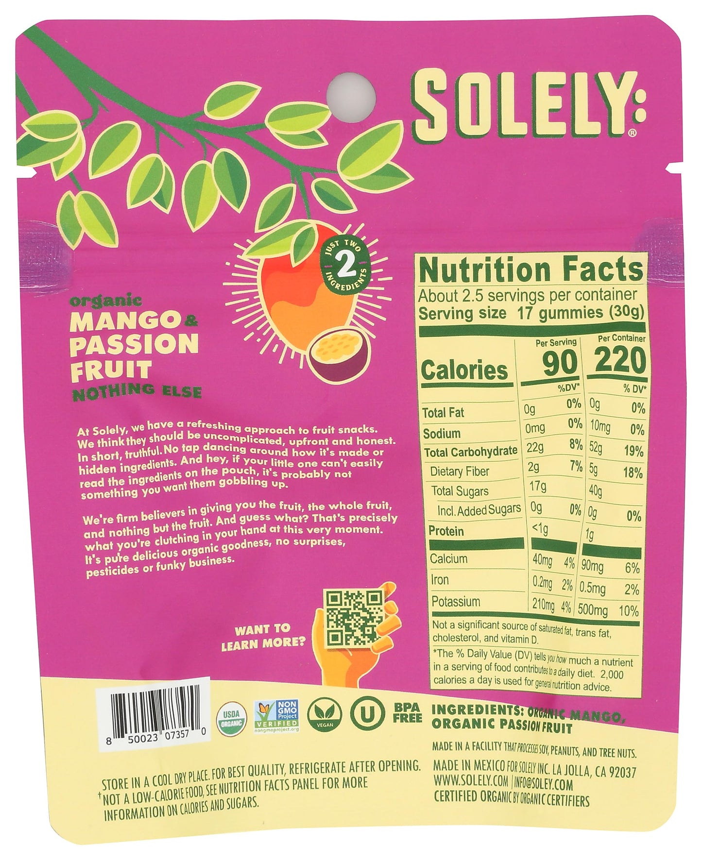Solely - Organic Mango & Passion Fruit Whole Fruit Gummies (1 Resealable Bag, 2.5 Servings Per Bag) - Real Fresh Fruit - Healthy