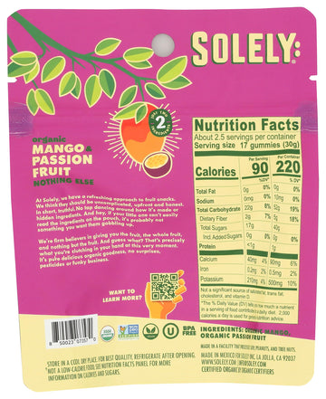 Solely - Organic Mango & Passion Fruit Whole Fruit Gummies (1 Resealable Bag, 2.5 Servings Per Bag) - Real Fresh Fruit - Healthy