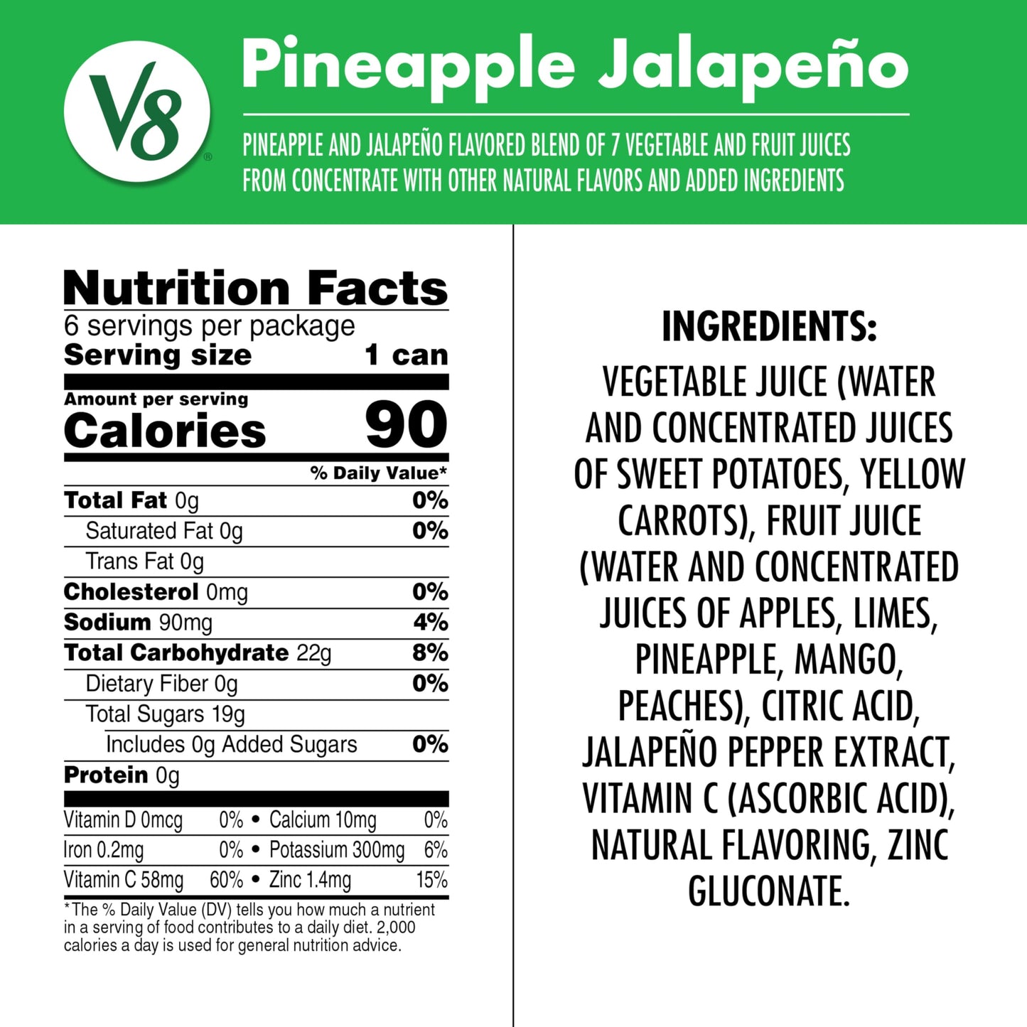 V8 Pineapple Jalapeno 100% Fruit and Vegetable Juice, 8 fl oz Can (6 Pack)