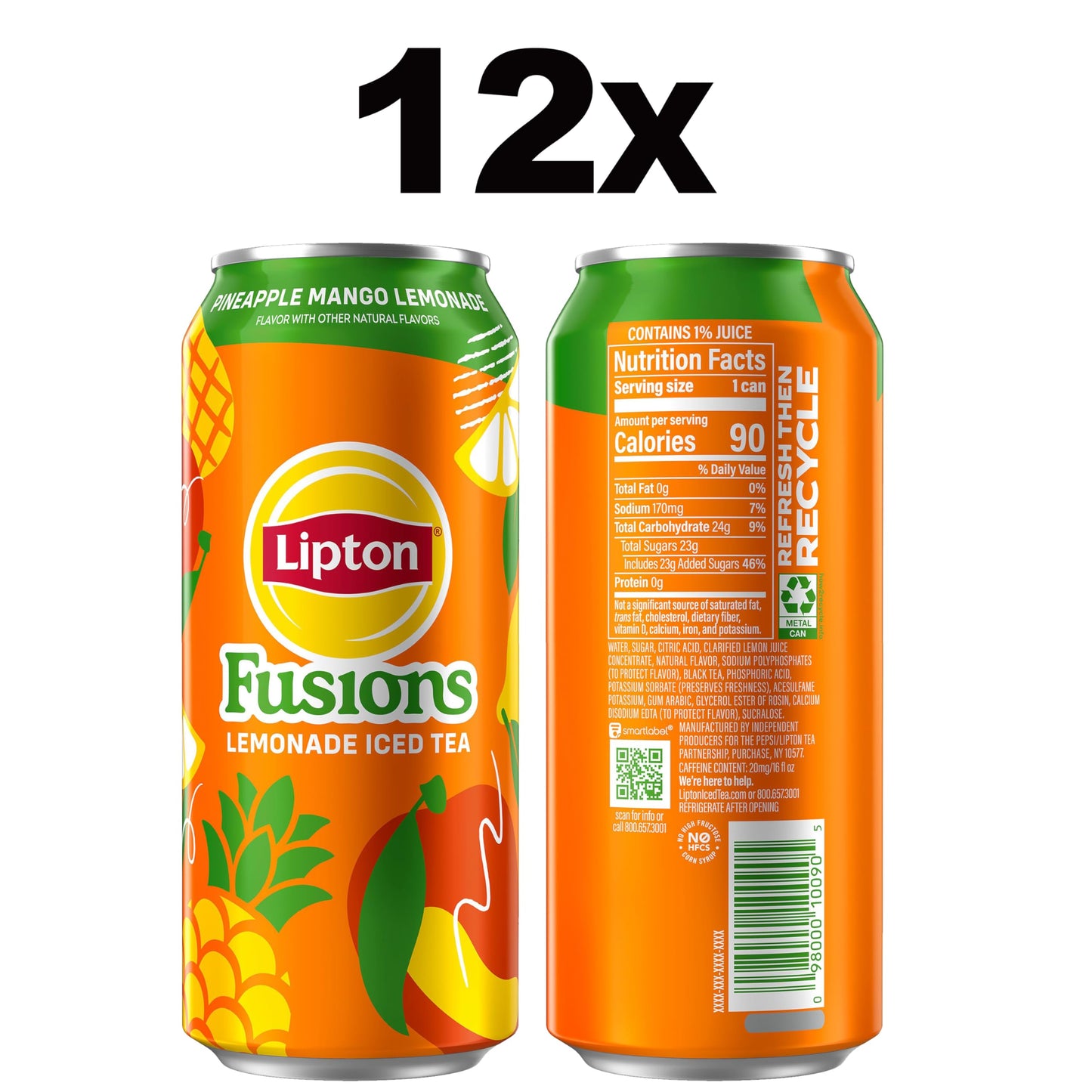 Lipton Fusions, Pineapple Mango Lemonade Iced Tea, 16 Fl Oz Cans (Pack Of 12)