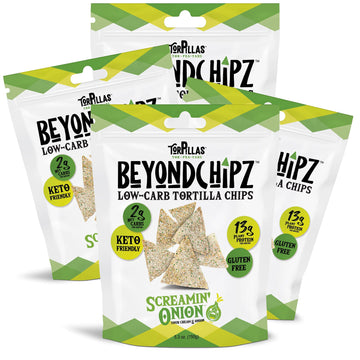 Beyondchipz Low Carb Tortilla Chips, Screamin' Onion, Keto Friendly, Gluten Free, 5.3Oz Bag, Pack Of 4