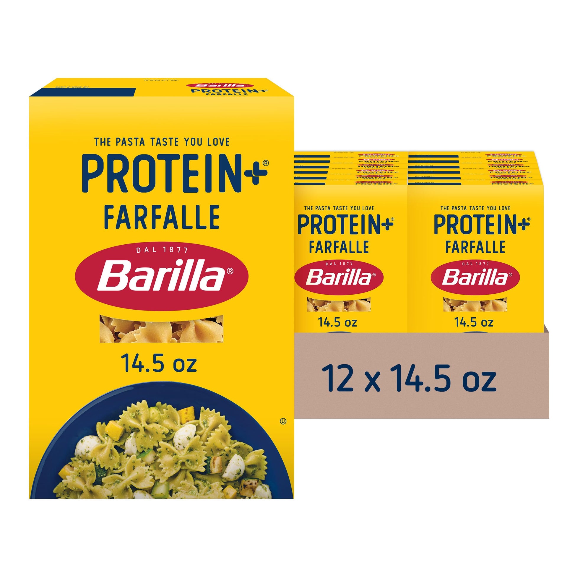 BARILLA Protein+ (Plus) Farfalle Pasta, 14.5 Ounce (Pack of 12) - plant based pasta - Made from Lentils, Chickpeas & Peas - Non-