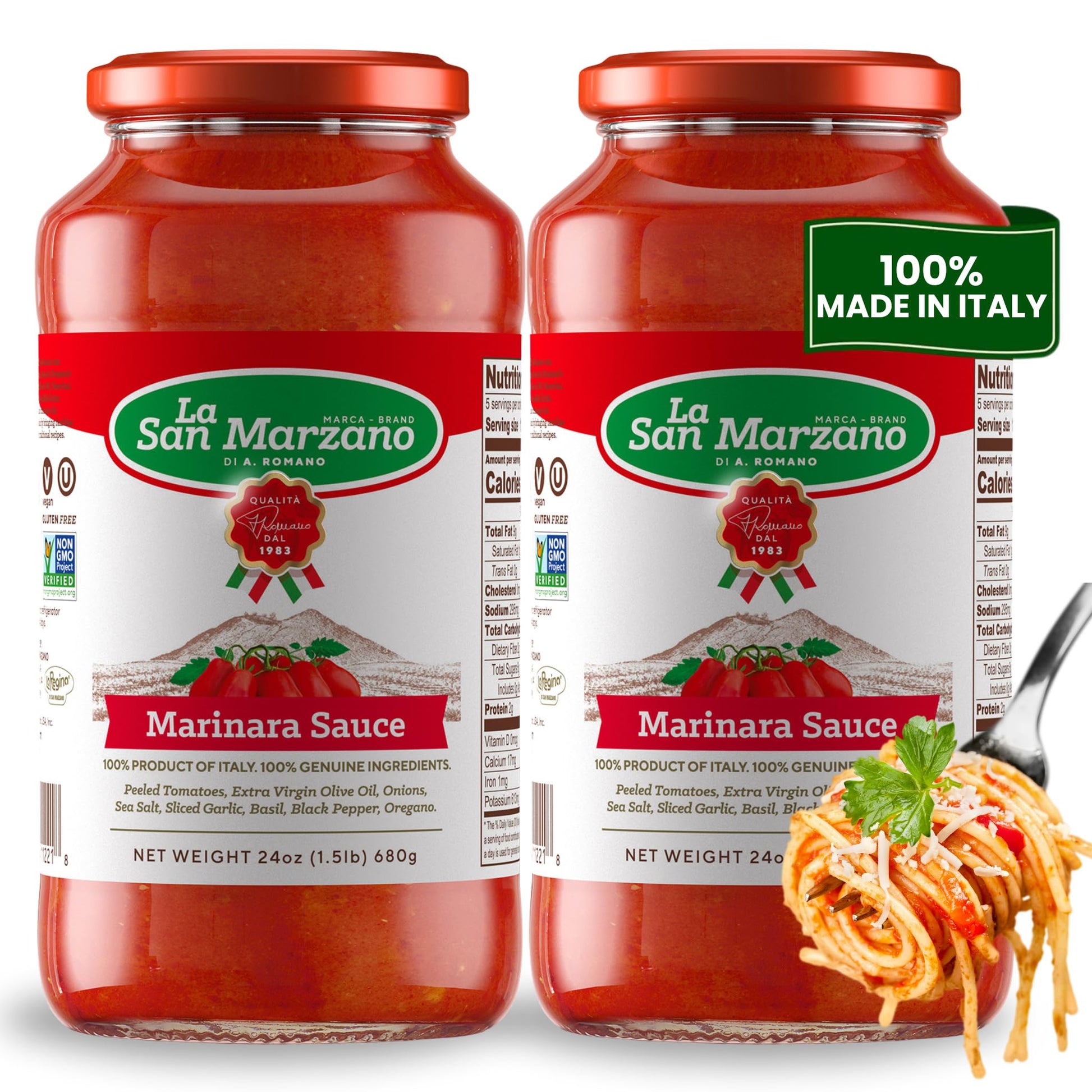 La San Marzano Marinara Sauce, All Natural, Non-GMO, Vegan, Gluten Free, 24 oz, Pack of 2