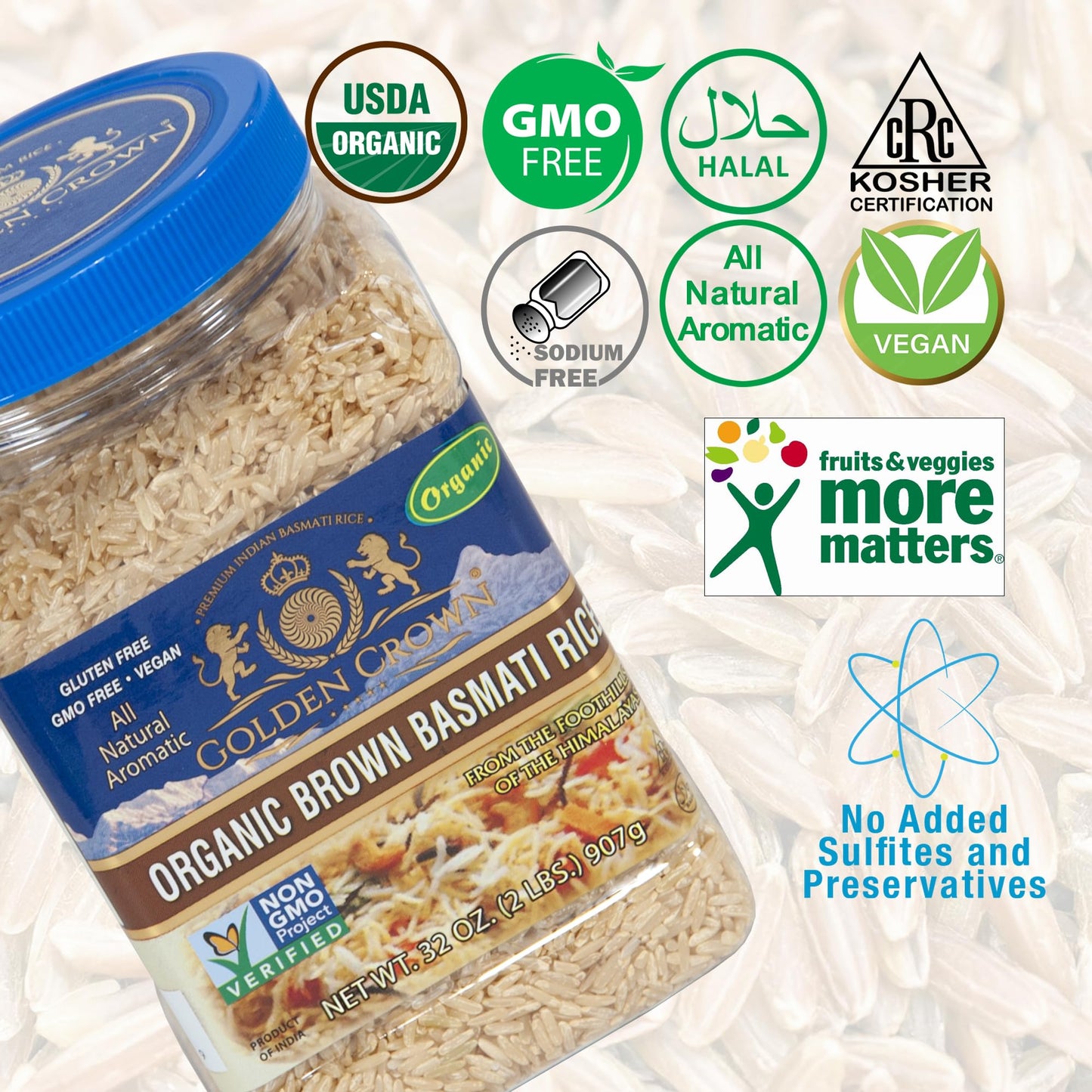 Golden Crown Organic Brown Basmati Rice - Gluten-Free, Kosher & Halal - 32 oz (2LB) - Naturally Long Aged, Non-Sticky, Fluffy