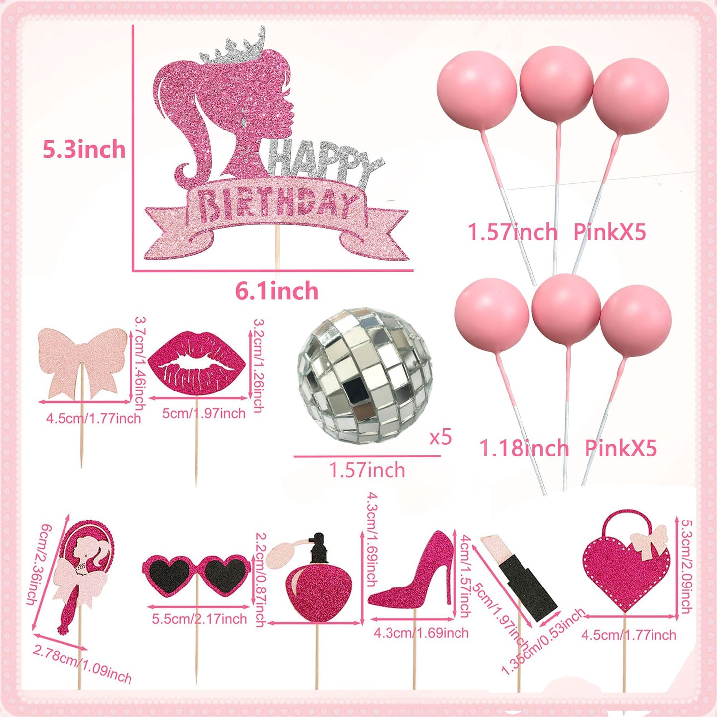 Jevenis Birthday Hot Pink Girl Birthday Cake Decoration Pink Girls Birthday Decoration Pink Balls Palm Leaves Heels Lipstick Bag