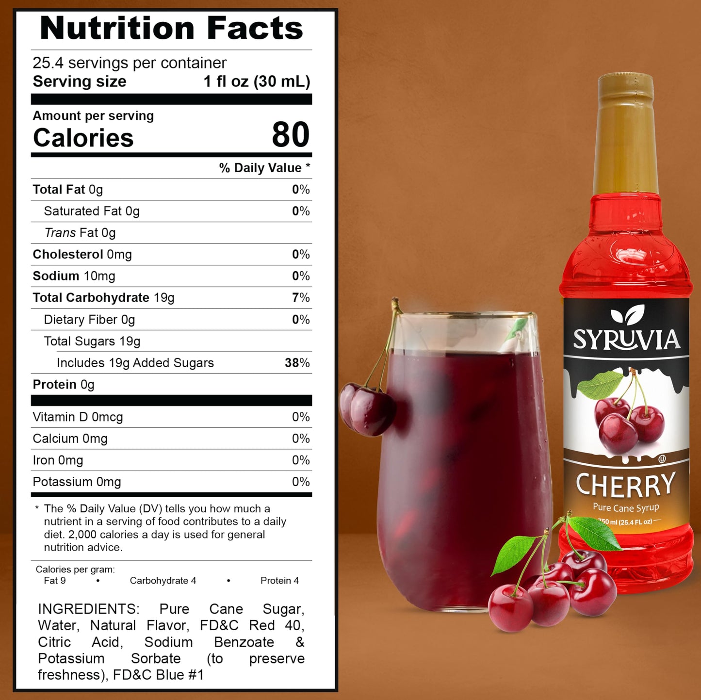 Syruvia Cherry Syrup - Premium Flavoring Syrup For Tea, Italian Sodas, Beverages, Desserts, Ice Cream, Cocktails & Mocktails - K