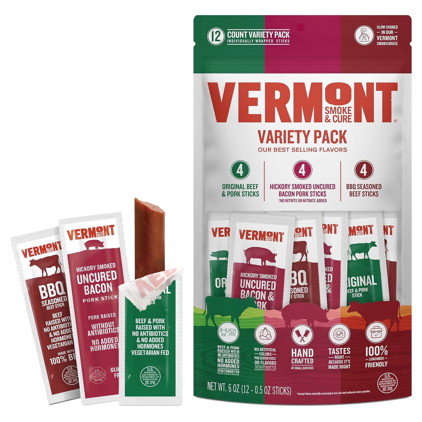 Vermont Smoke & Cure Mini - Meat Sticks Variety Pack - Protein Snacks, No Antibiotics or Added Hormones, Hiking Snacks- .5 oz, 1