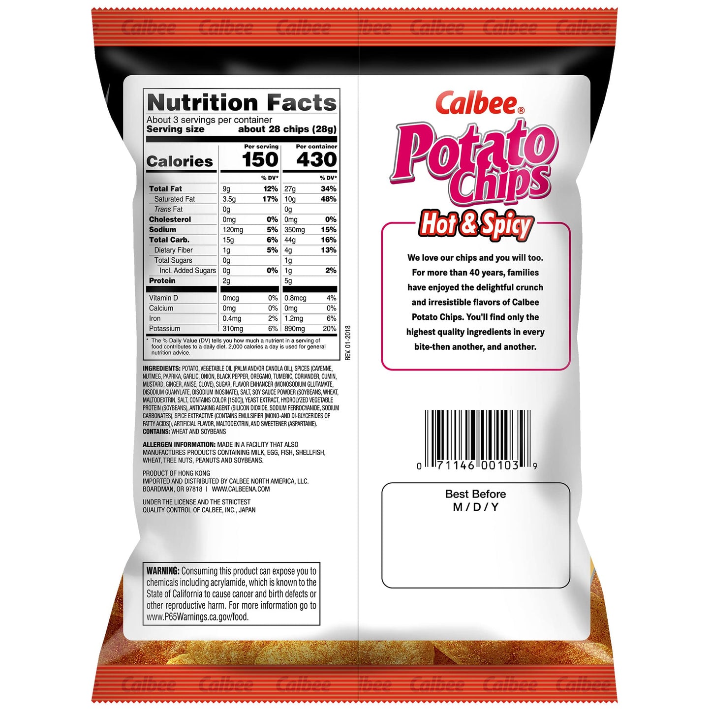 Calbee Potato Chips, Hot & Spicy, 2.8 oz, Crunchy Japanese Snack, 6 Pack
