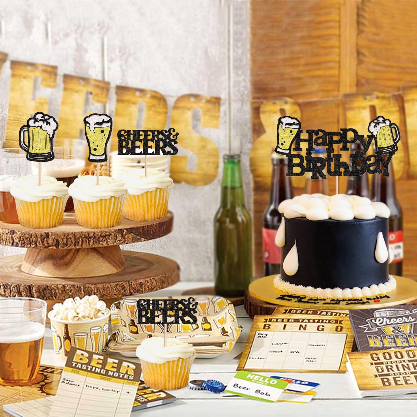 Ercadio malt-inspired Party Cupcake Toppers, 25 PCS, Happy Birthday Decor, Black-25