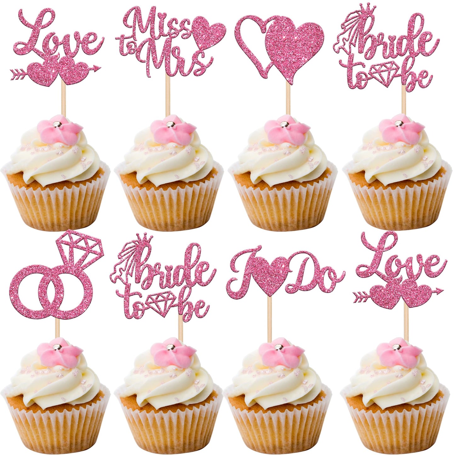 YCTHUNFISH 36 Pack Bridal Shower Cupcake Toppers - Glitter Diamond Ring Picks, Paper, Pink