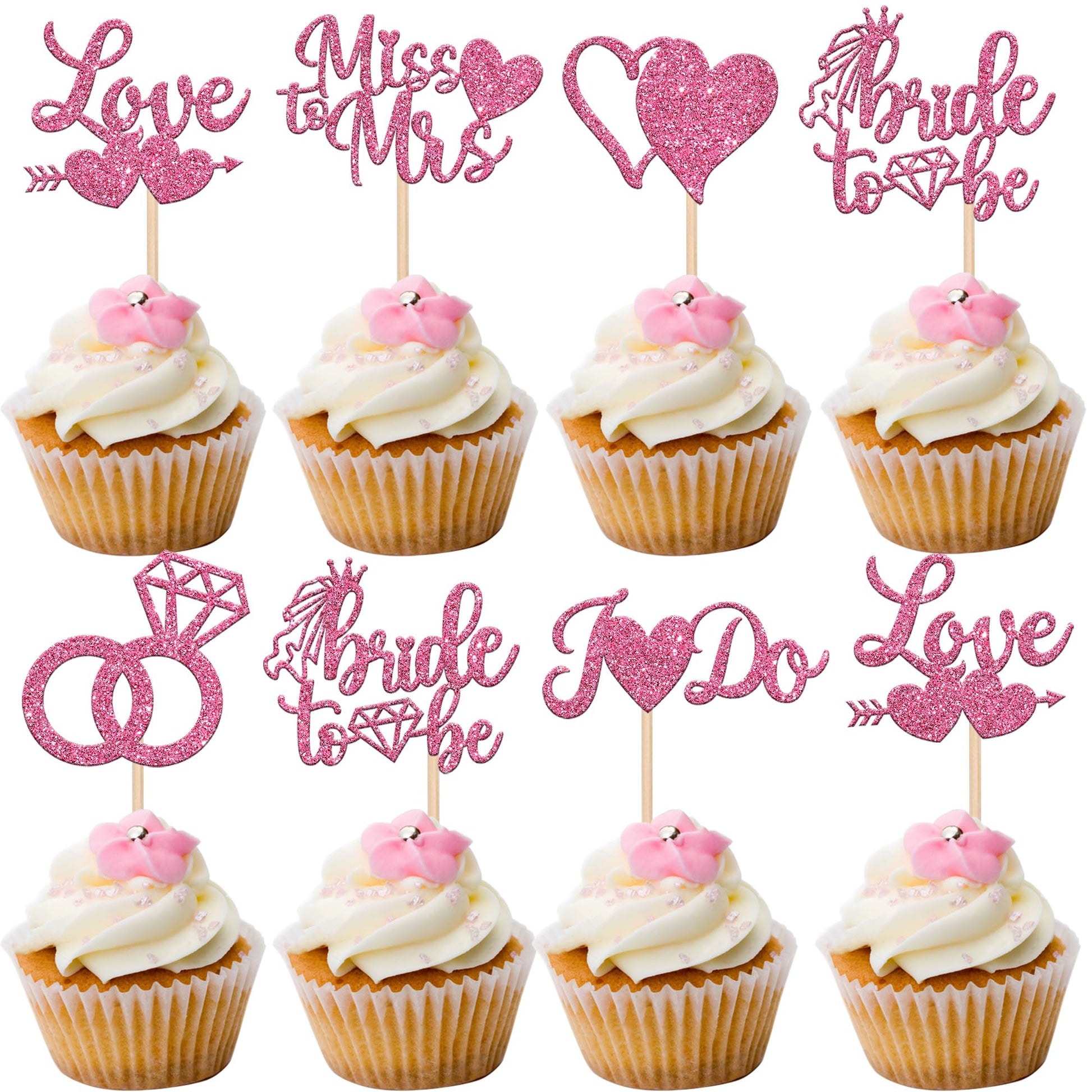 YCTHUNFISH 36 Pack Bridal Shower Cupcake Toppers - Glitter Diamond Ring Picks, Paper, Pink