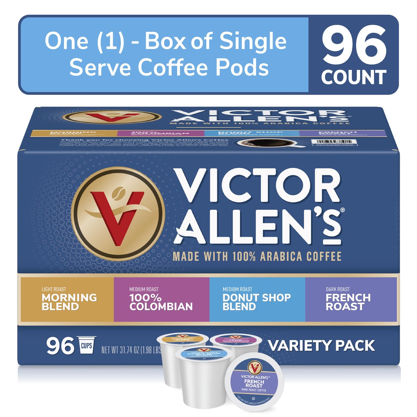 Victor Allens Coffee Variety Pack, 96 Count Single Serve Pods, Morning Blend, Colombian, Donut Shop, French Roast, Brown