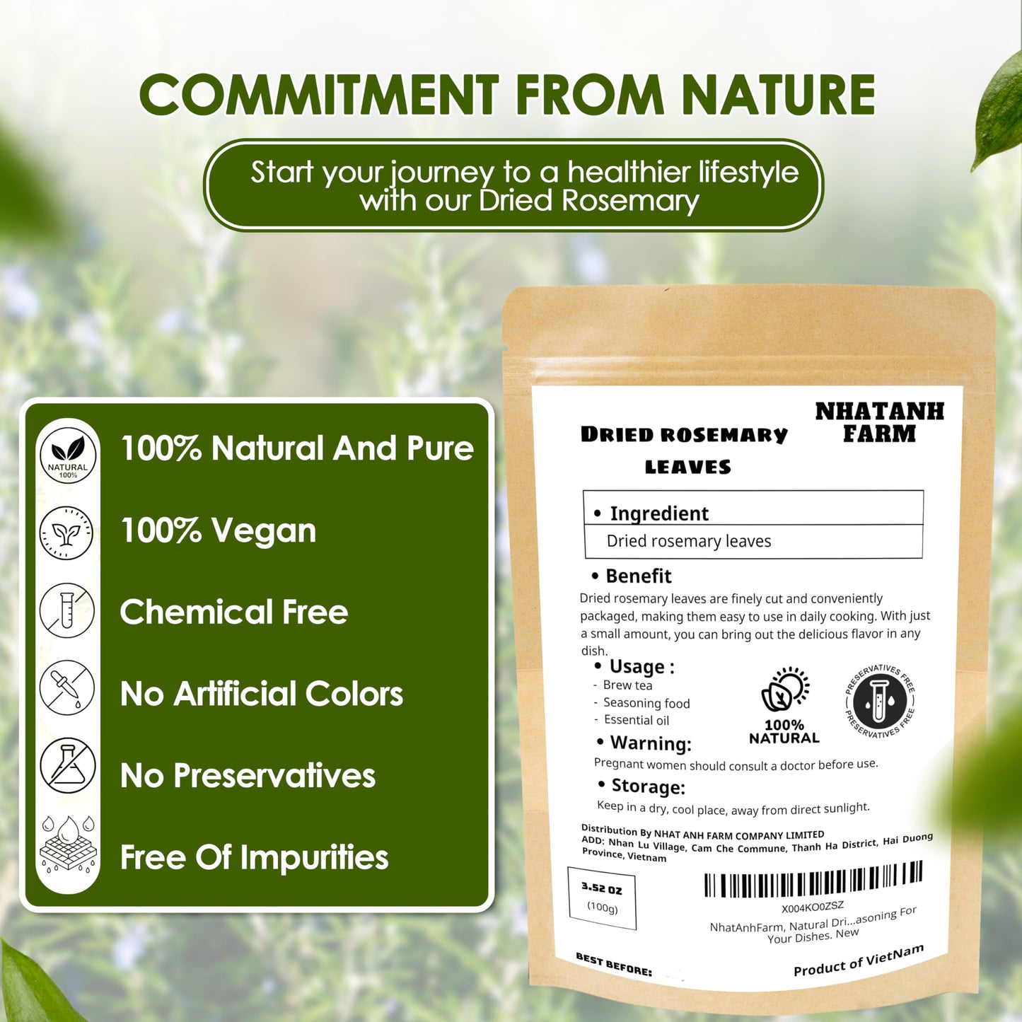NHAT ANH FARM Dried Rosemary Leaves, 100% Natural & Pure, 3.5oz, Sugar/Caffeine/Gluten Free Seasoning