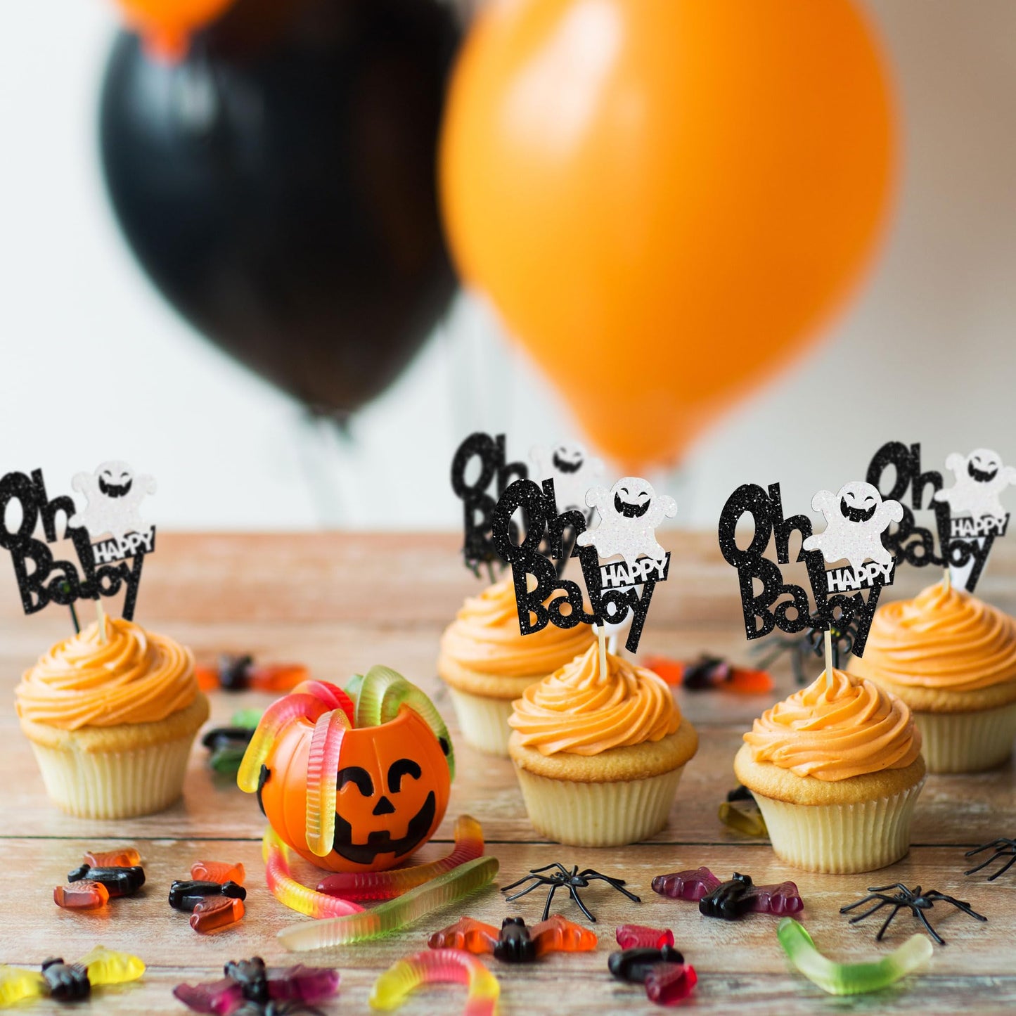 24Pcs Ghost Oh Baby Cupcake Toppers Glitter Gender Reveal Baby Shower Spooky Halloween Cupcake Picks For Halloween Theme Baby Sh