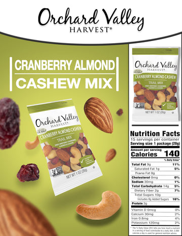 Orchard Valley Harvest Cranberry Almond Cashew Trail Mix, 1 Ounce Bags (Pack Of 15), Cranberries, Almonds, And Cashews, Non-Gmo,