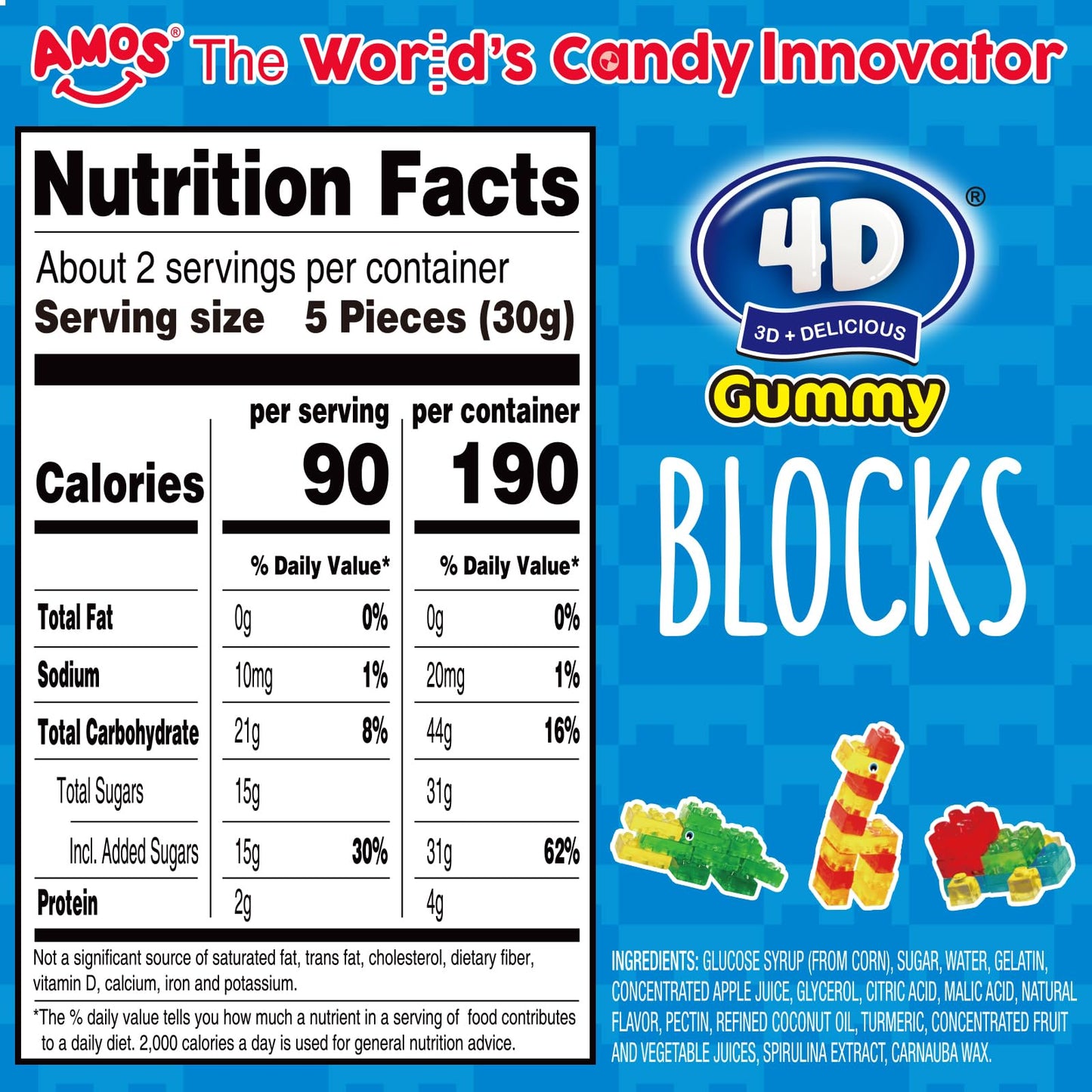 Amos 4D Gummy Blocks Candy Bricks, Natural Flavor Themed Novelty Candy For Kids Birthday Party, Cupcake Topper, Resealable 2.19O