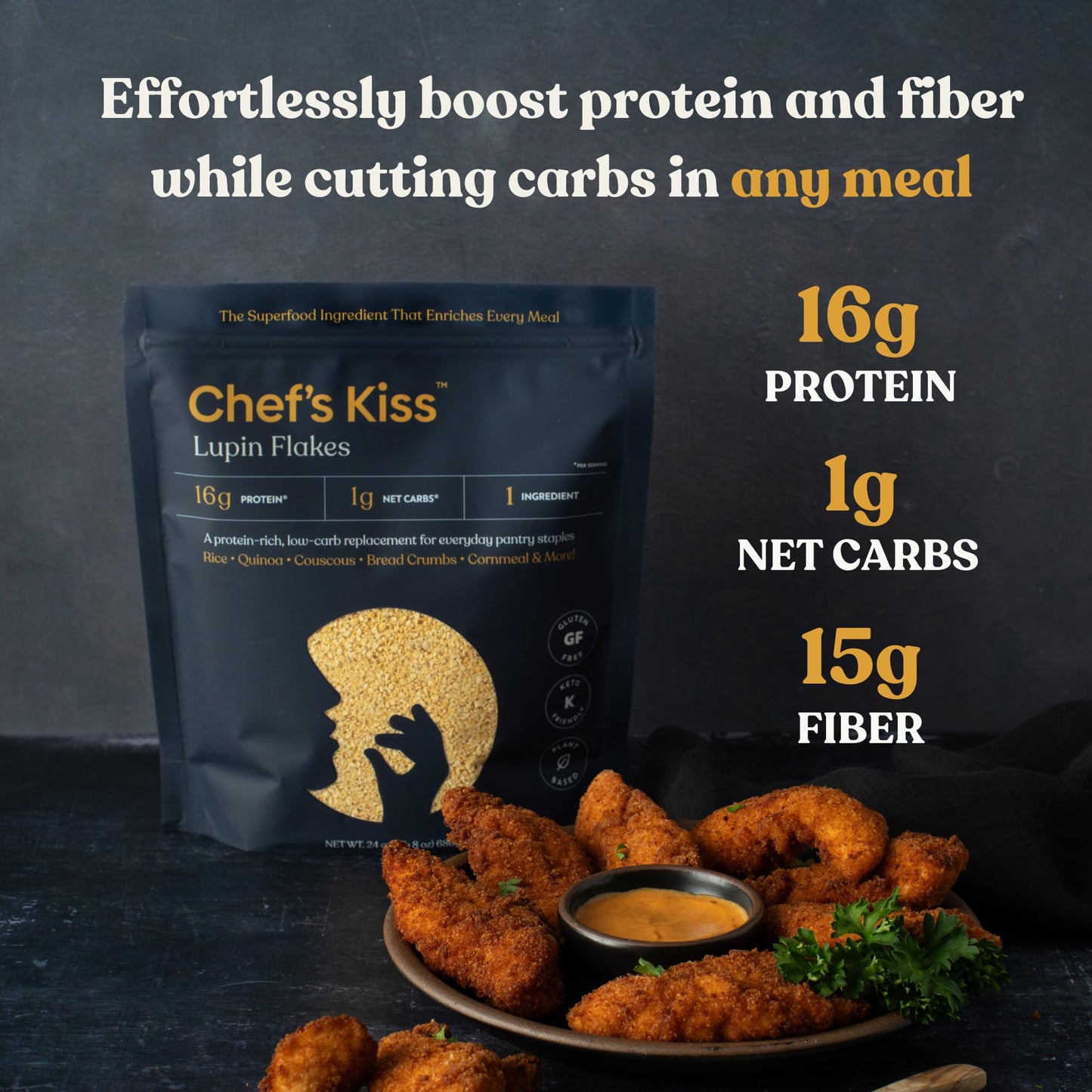 Chefs Kiss Lupin Flakes | 16G Protein, 1G Net Carbs, 15G Fiber | Gluten Free, Low Glycemic, Low Carb | Rice, Couscous, Cornmeal,