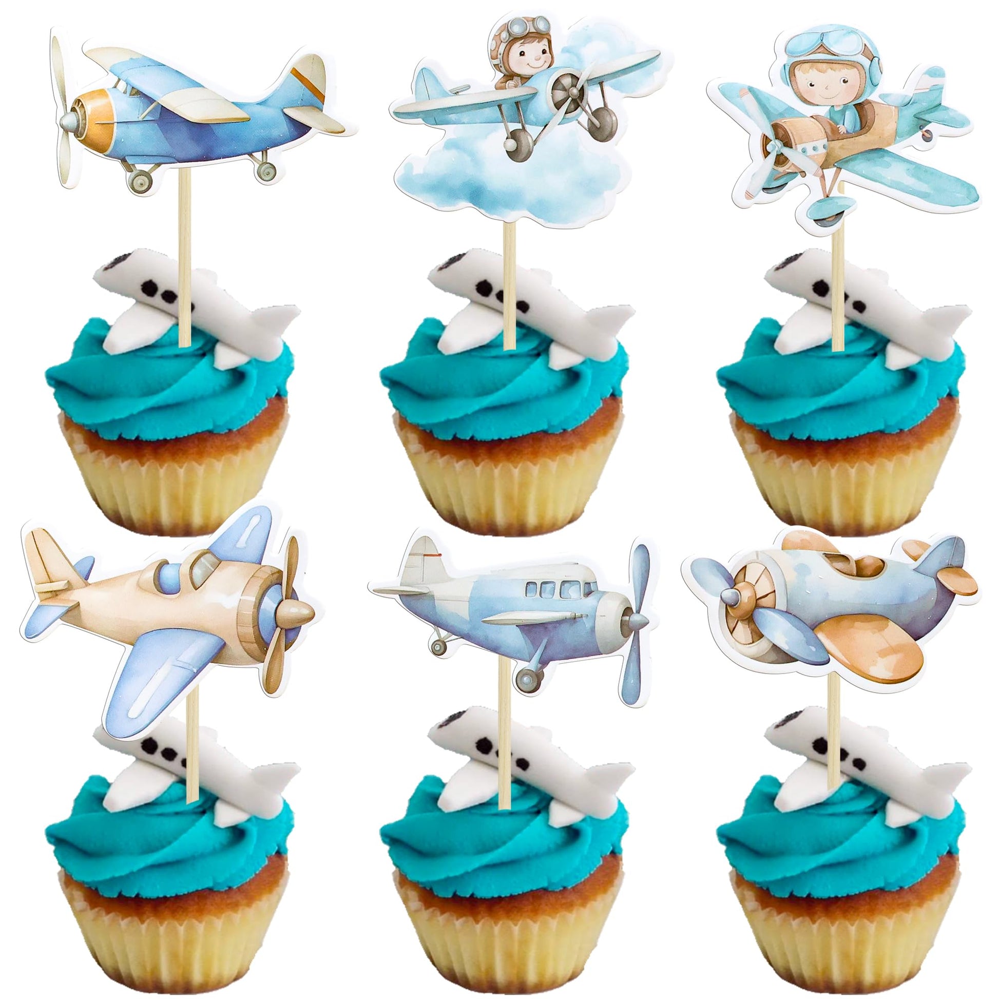 Gyufise Airplane Cupcake Toppers, 36Pcs Paper Decorations, 2.4x3.9 inches, Blue, Ideal for Plane Theme Baby Shower or Kids Birthday Party