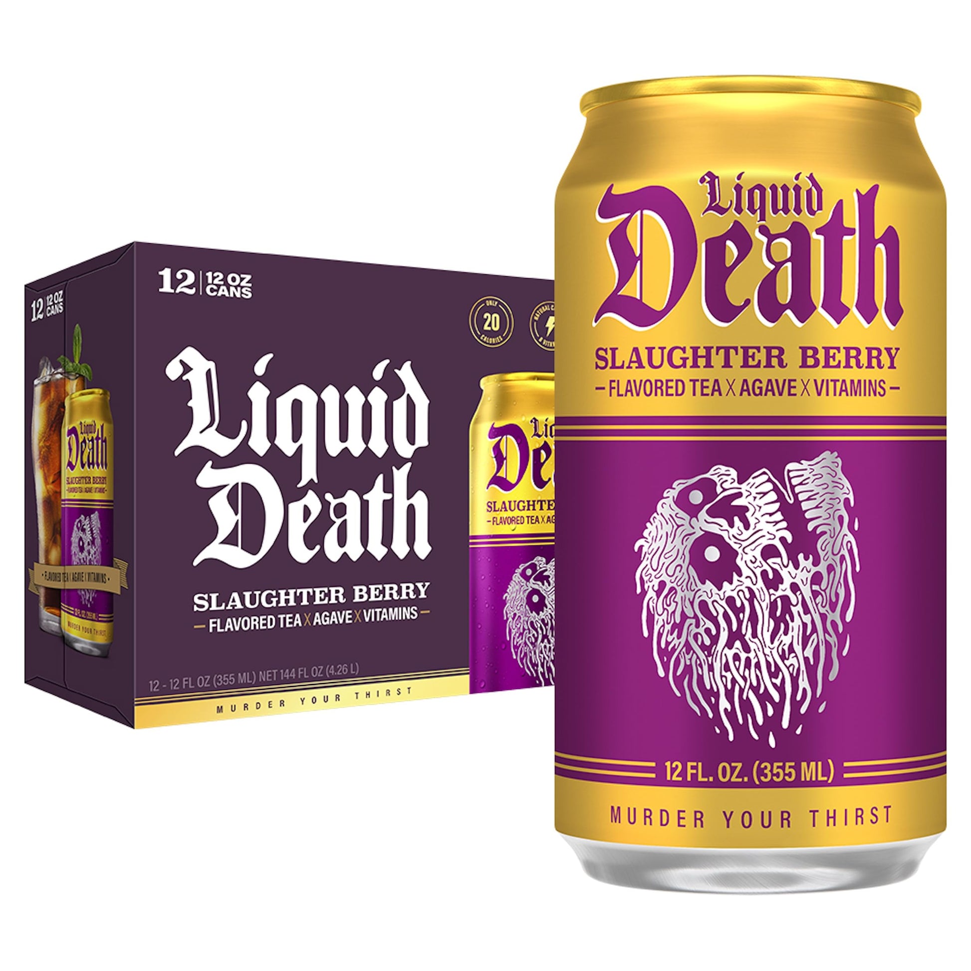 Liquid Death, Slaughter Berry Flavored Iced Tea, 12-Pack (12 oz Cans), Raspberry Flavored Black Tea, Low Calorie, No Artificial 