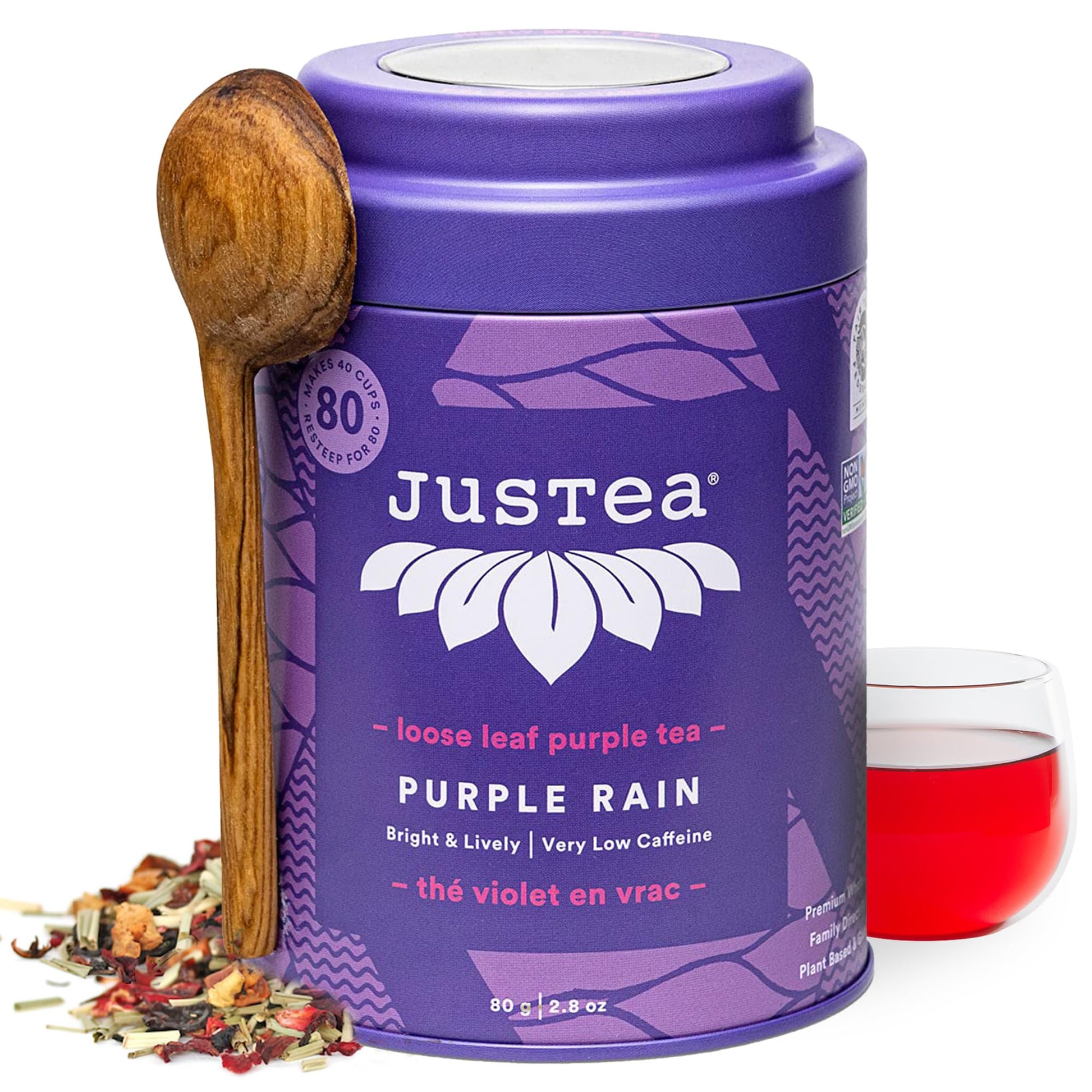 Justea Purple Rain | Loose Leaf Purple Tea | Tin With Hand Carved Tea Spoon | 40+ Cups (2.8Oz) | Very Low Energy Blend | Award-Winning | Fair Trade | Non-Gmo