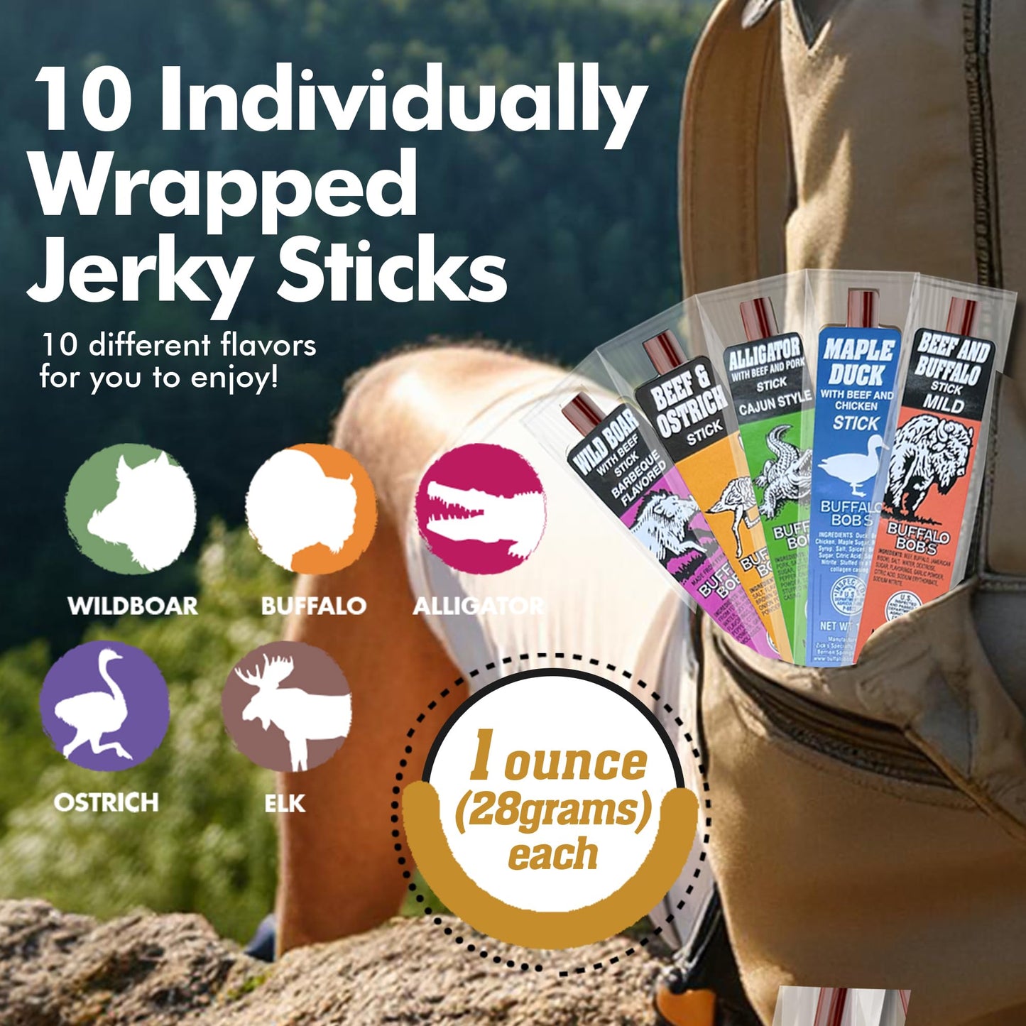 Jerky-n-Spice Wild Game Meat Sticks, 10-Pack, Exotic Beef Jerky Snacks, 0.75 Ounce Each