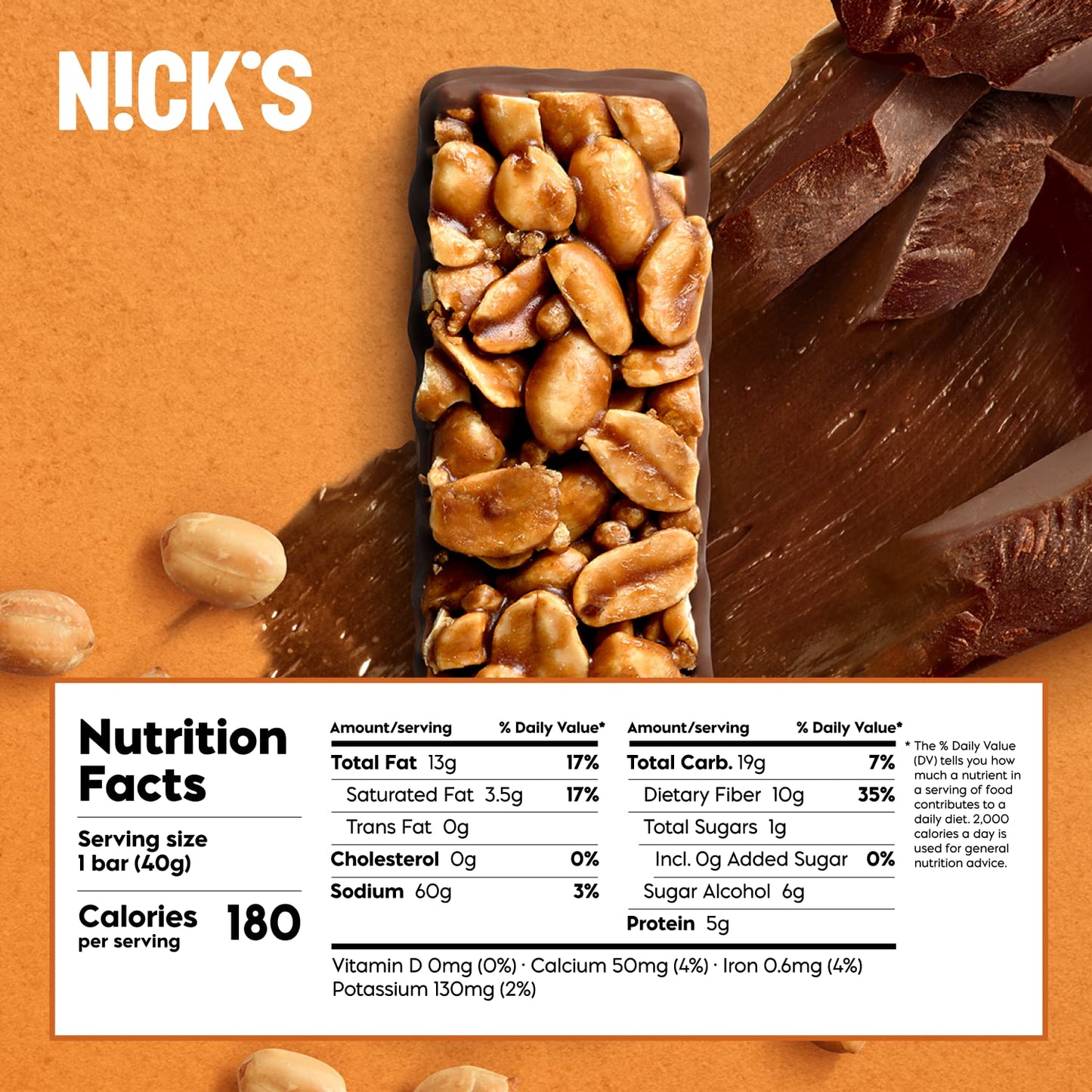 NICKS Peanut Chocolate Snack Bar, Keto Nut Snack for Sports, Hiking & Outdoor Activities, 1G sugar, 3G net carbs, healthy snack