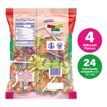 Colombina Bon Bon Bum Lollipops w/Bubble Gum Center, Assorted Flavors, Individually Wrapped, Ideal for Party Favors and Gifts, 1