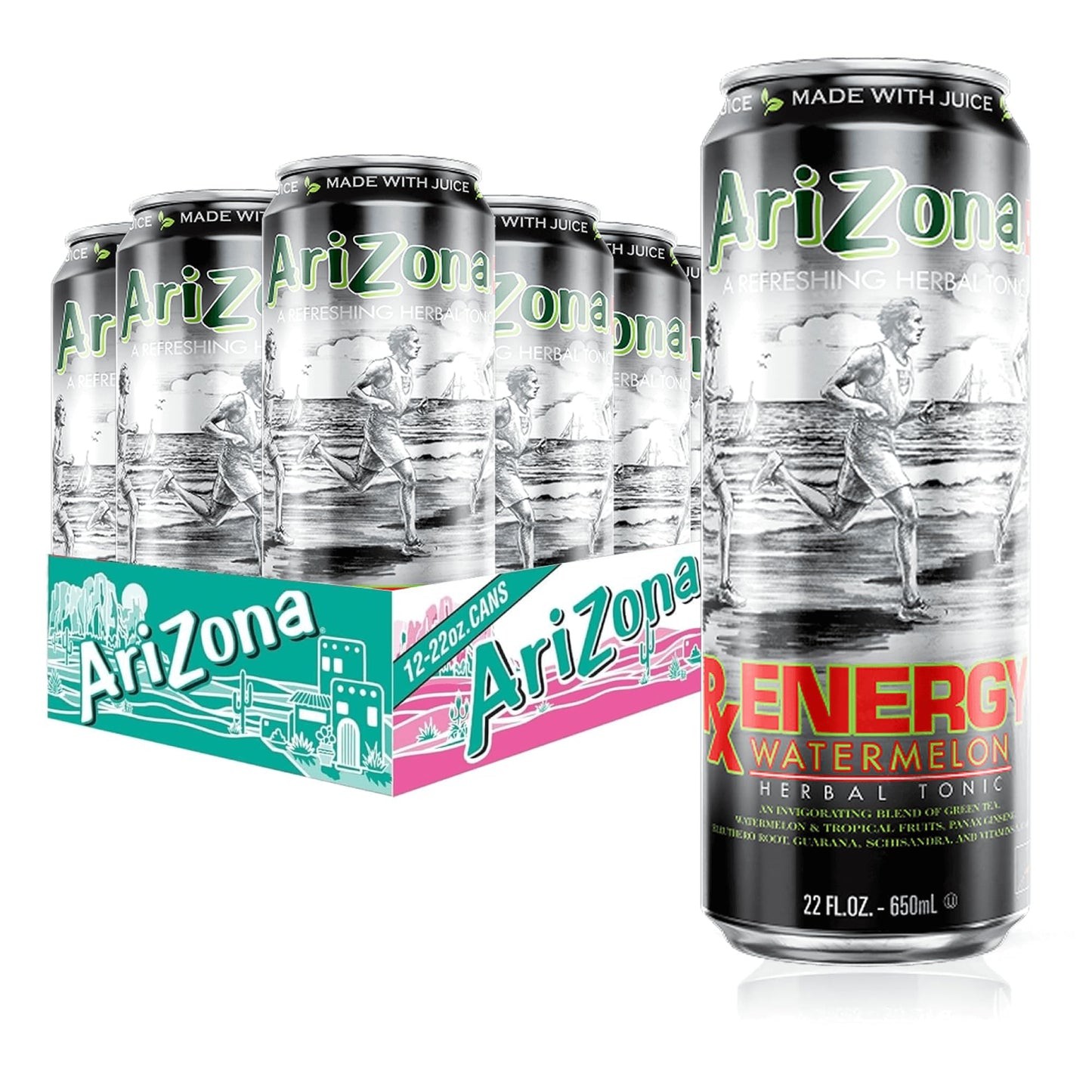 Arizona Rx Energy Watermelon  Herbal Tonic Drink With Green Tea And Citrus  130Mg Energy Blend Per Container - Big Can  22 Fl Oz (Pack Of 12)