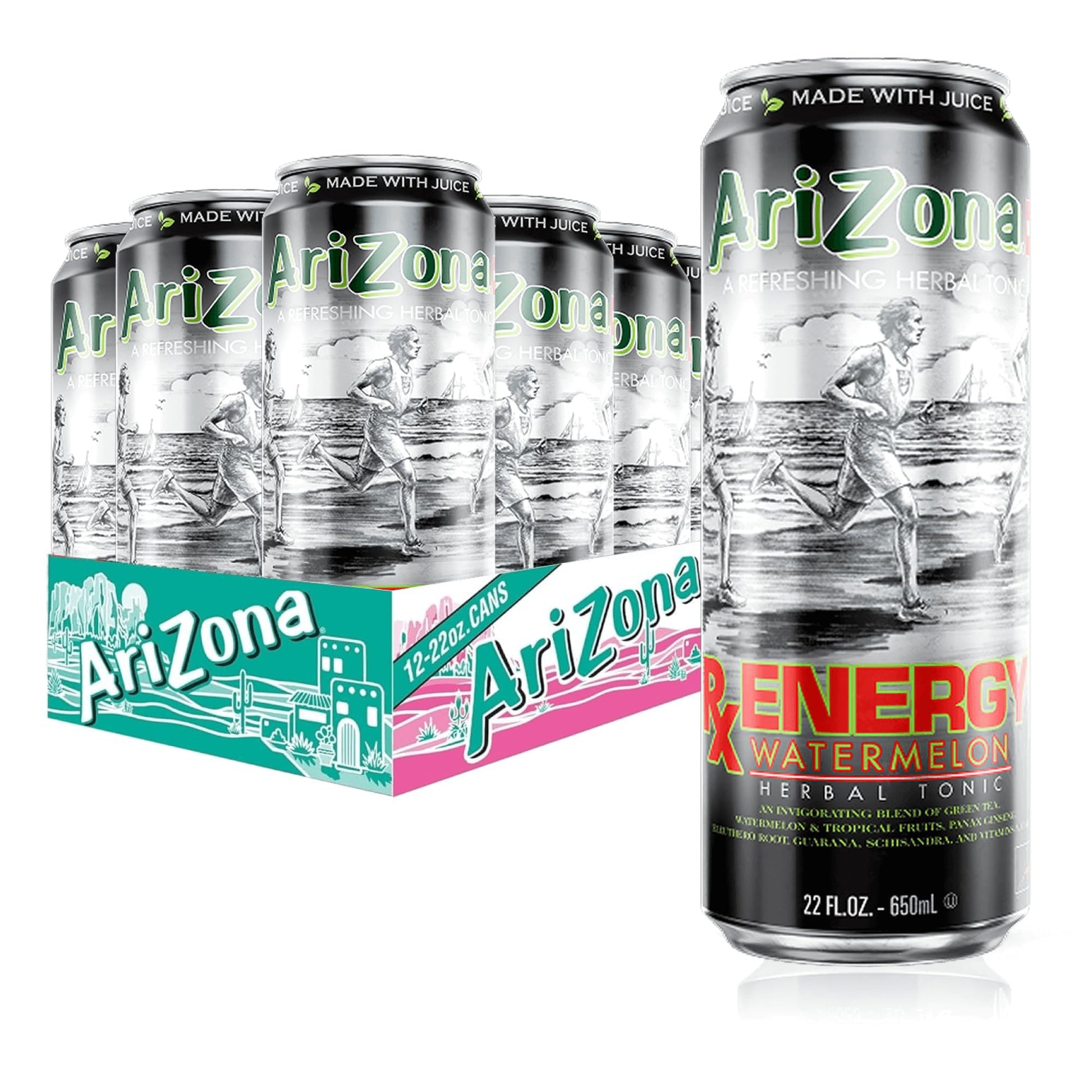 Arizona Rx Energy Watermelon  Herbal Tonic Drink With Green Tea And Citrus  130Mg Energy Blend Per Container - Big Can  22 Fl Oz (Pack Of 12)