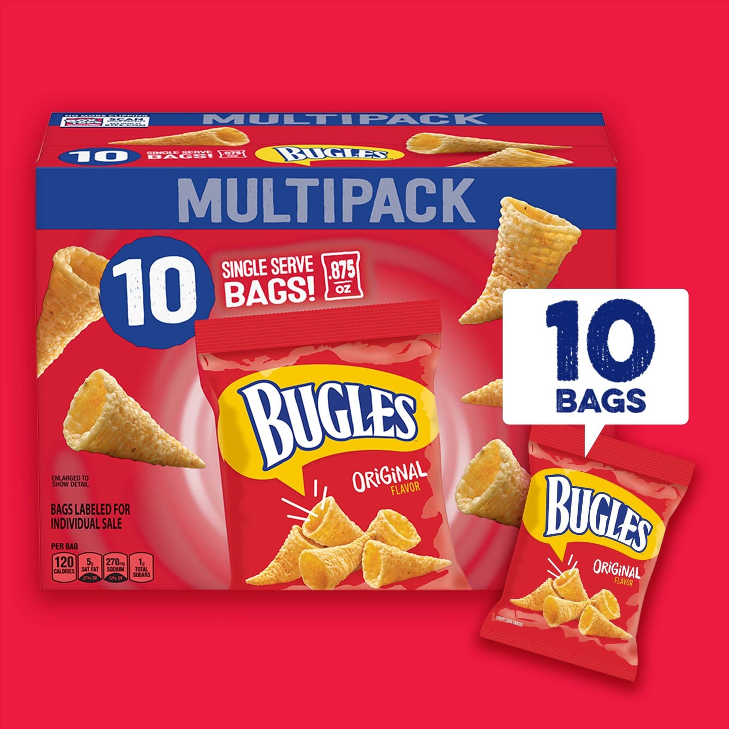 Bugles Crispy Corn Snacks Multipack, Original Flavor, Snack Bags, 10 Ct