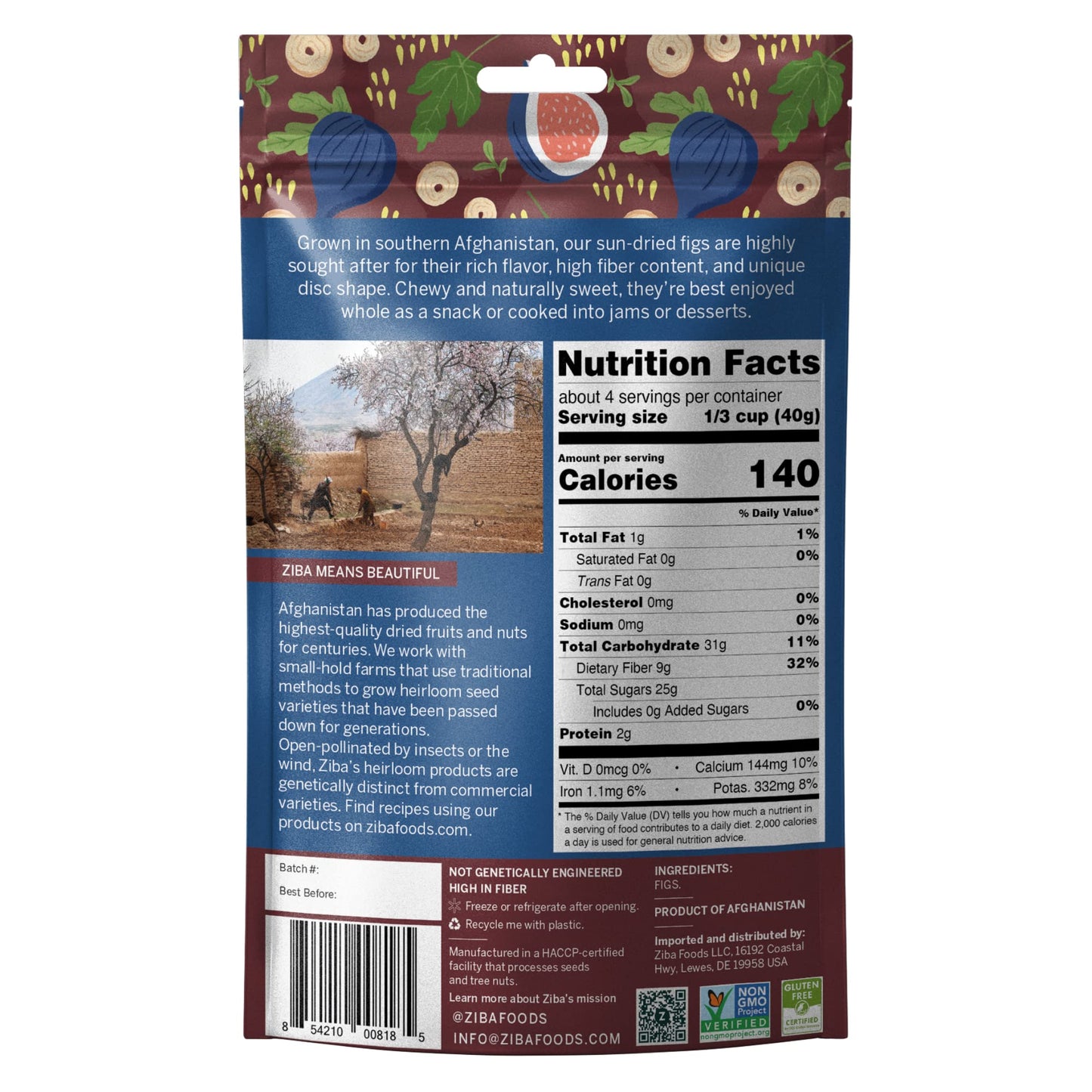 Ziba Foods Sun Dried Figs | No Sugar Added, Non-GMO, Gluten Free | 5.3 oz Dried Fig Snack