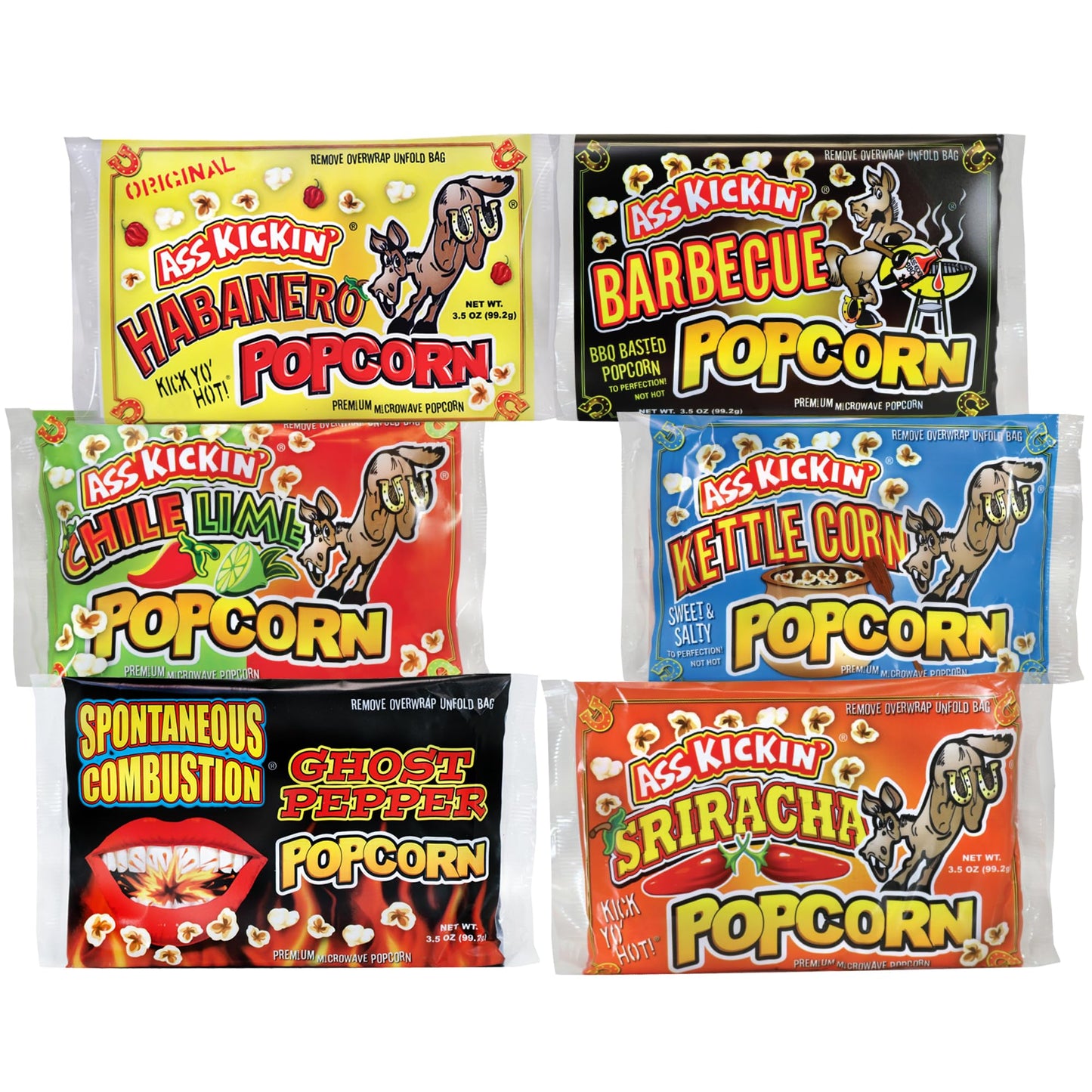 ASS KICKIN Microwave Popcorn Variety Gift Pack - Spicy Gourmet Snacks, 3.5 Ounce (Pack of 6)