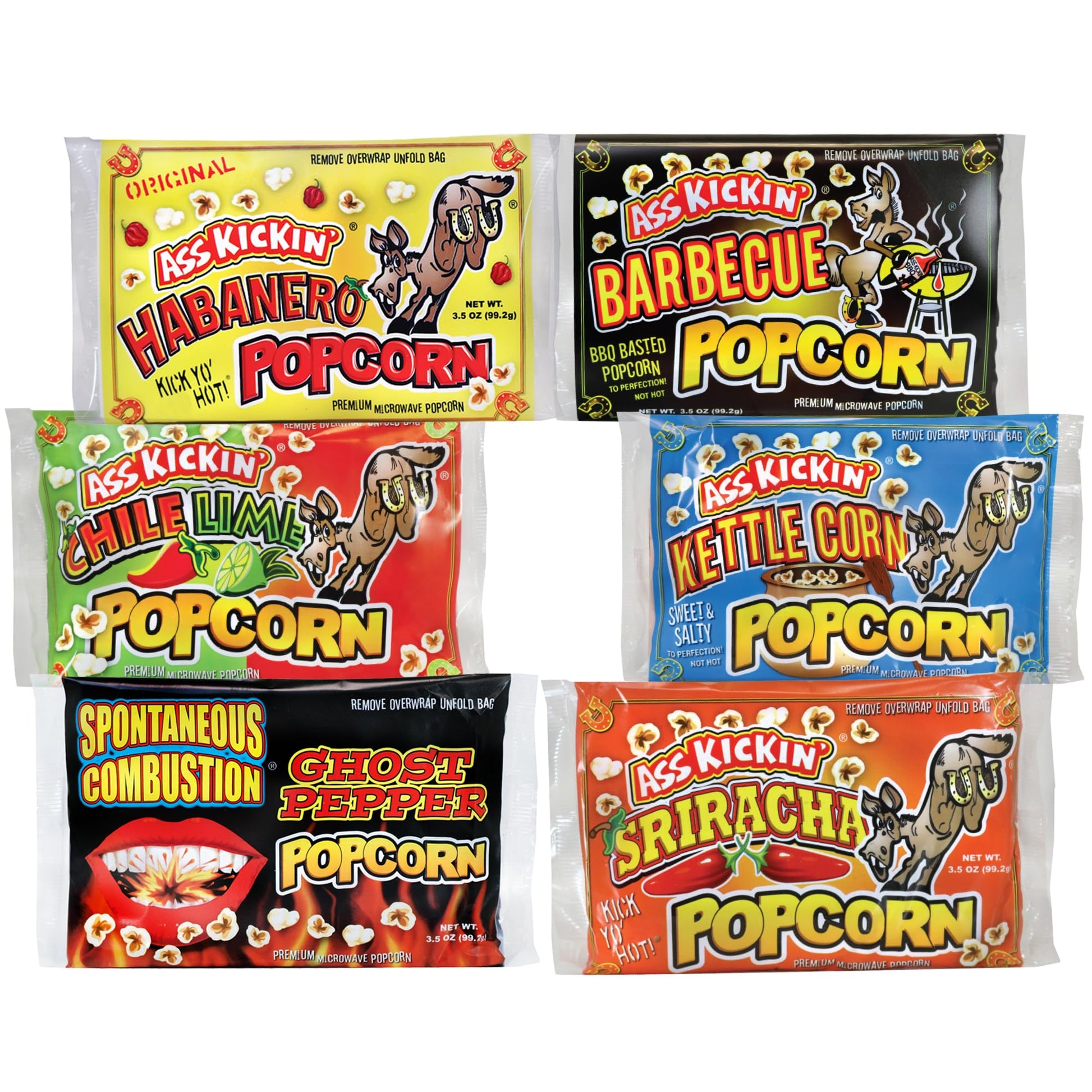 ASS KICKIN Microwave Popcorn Variety Gift Pack - Spicy Gourmet Snacks, 3.5 Ounce (Pack of 6)