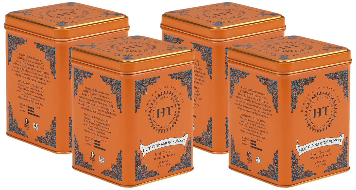 Harney & Sons Black Tea, 20 Sachets, Pack of 4 | Hot Cinnamon Sunset | Caffeinated | Orange and Cloves | Tin Packaging
