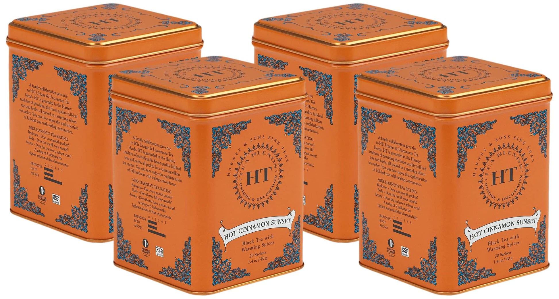 Harney & Sons Black Tea, 20 Sachets, Pack of 4 | Hot Cinnamon Sunset | Caffeinated | Orange and Cloves | Tin Packaging