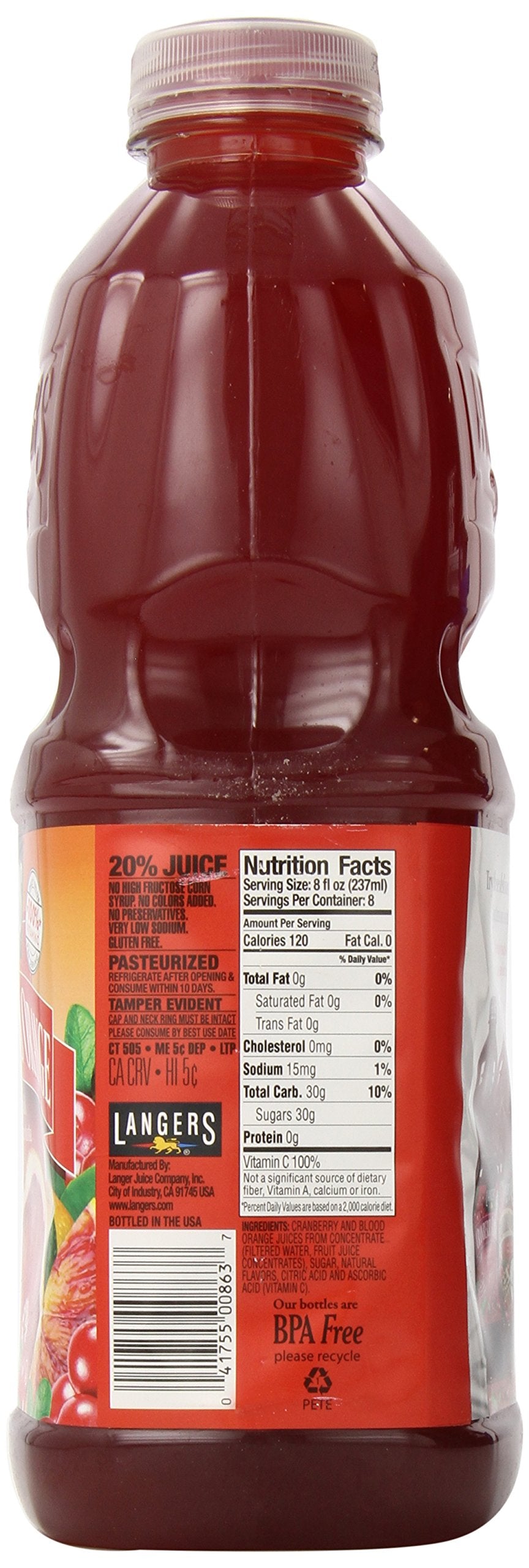 Langers Juice Cocktail, Cranberry Blood Orange, 64 Fl Oz, Pack of 8