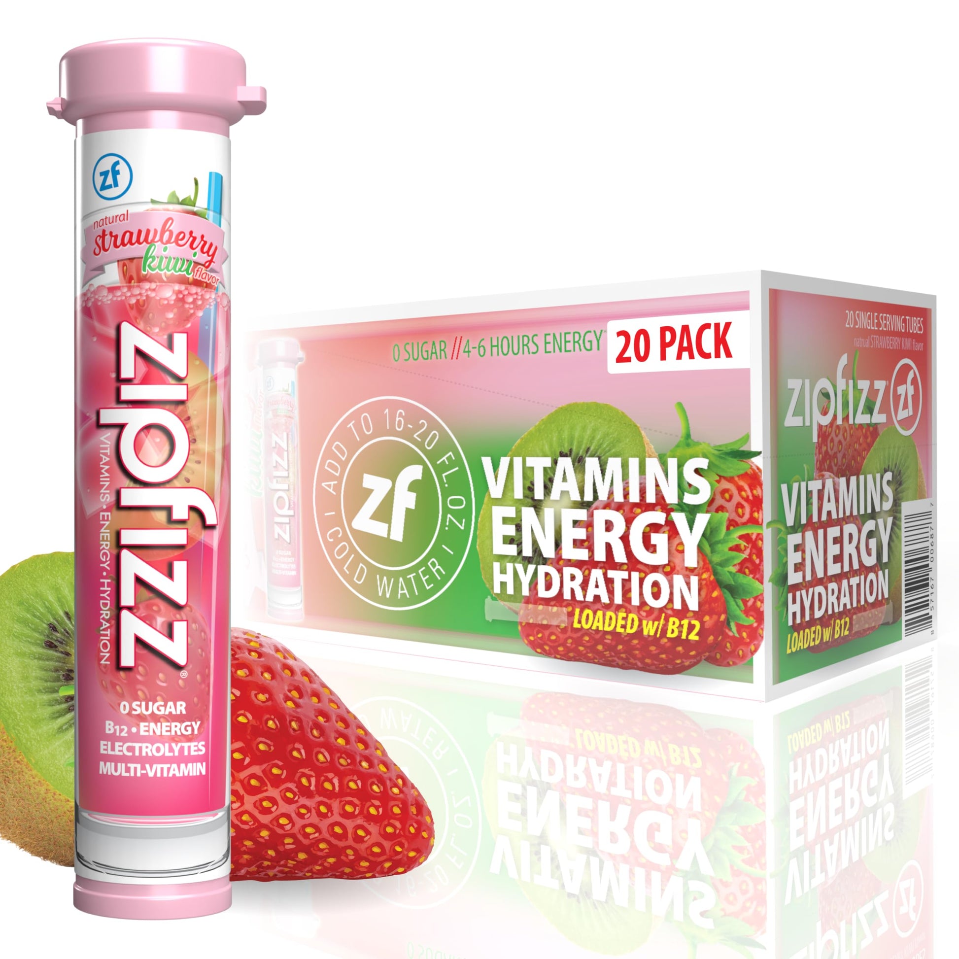 Zipfizz Daily Energy Drink Powder  Strawberry Kiwi  20 Pack | 3-in-1 Sustained Energy  Rapid Hydration  and Essential Vitamins | Sugar-Free | Electrolyte Powder | Contains Vitamin B-12 & Antioxidants