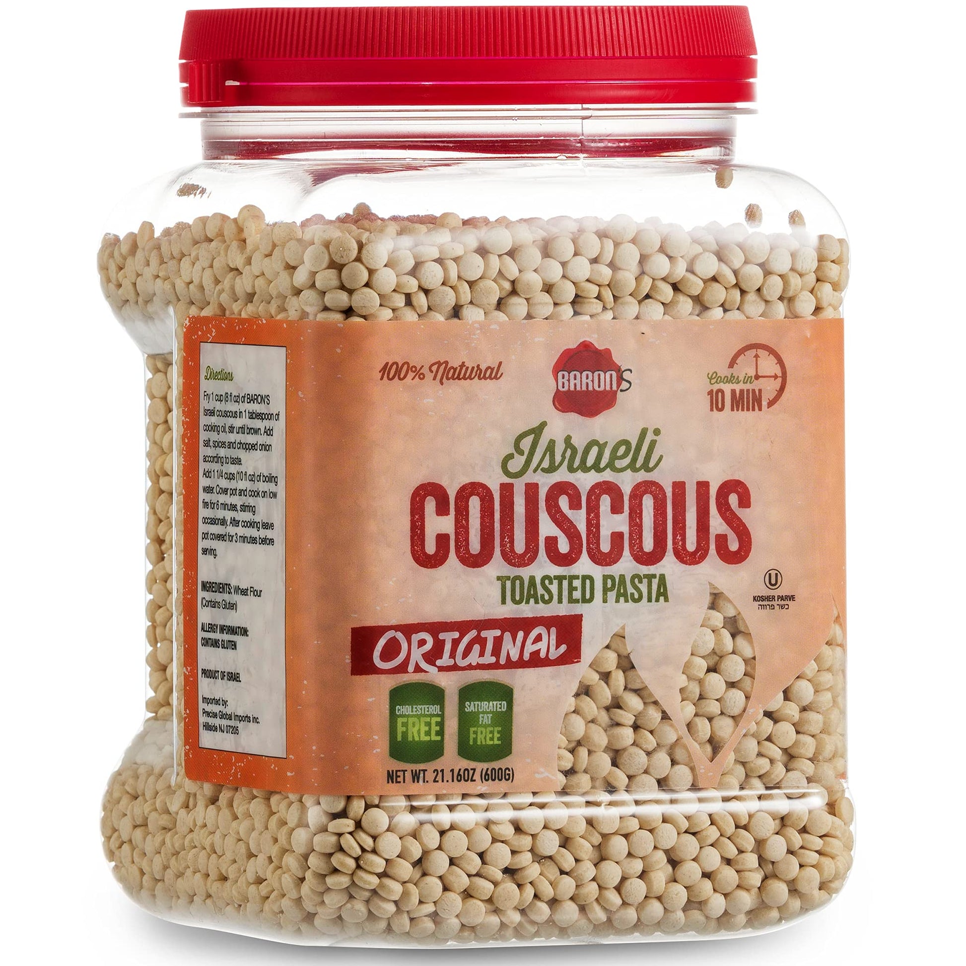 Barons Original Israeli Couscous Toasted Pasta | 100% Natural Pearled Noodles | 21.16oz Jar | Cooks in 10 Minutes | Kosher