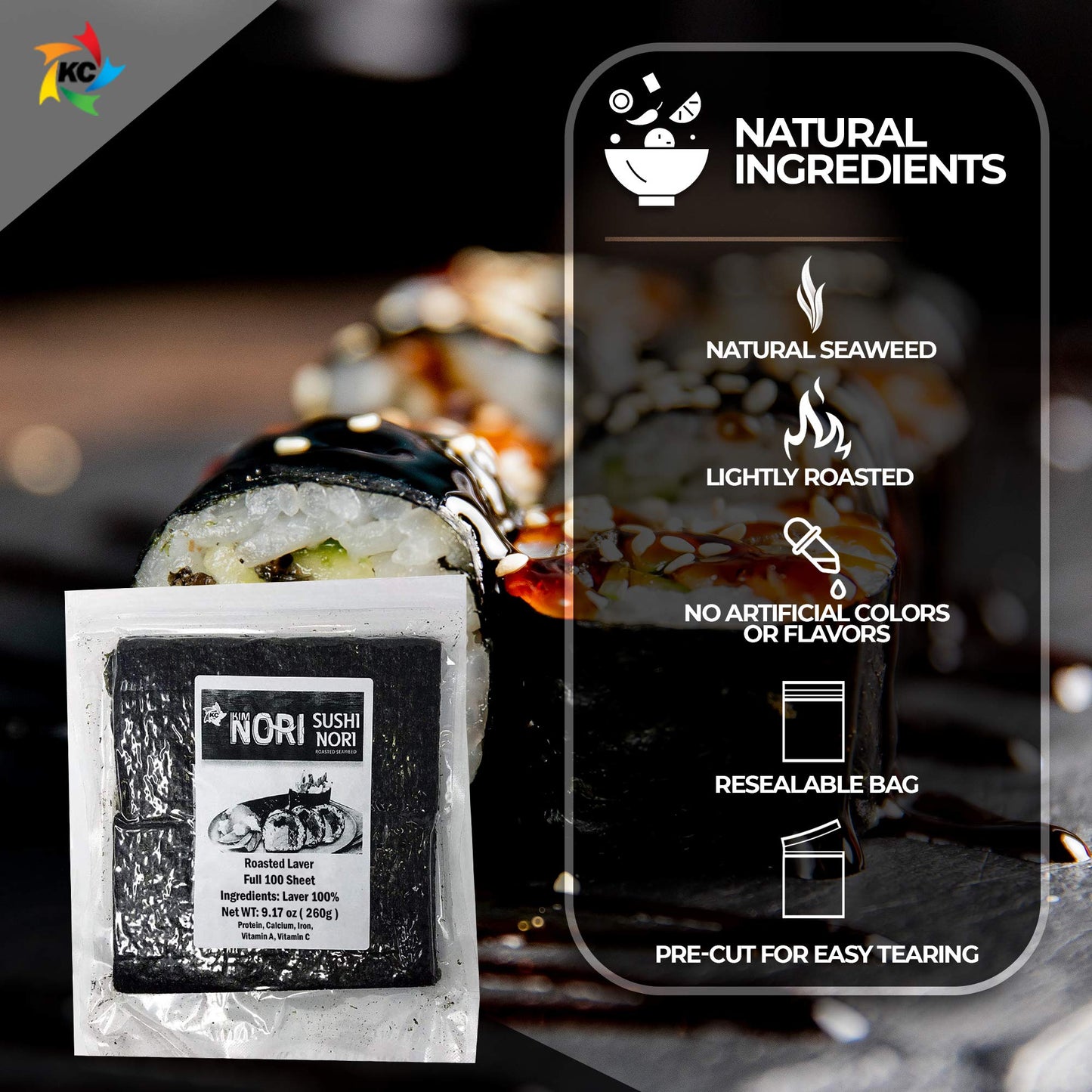 KIMNORI Sushi Nori Sea Sheets Yaki Roasted Rolls Wraps Resealable Bag 100% Natural Laver Fresh enhanced Restaurant Quality (9.17_Ounce (Pack of 1))