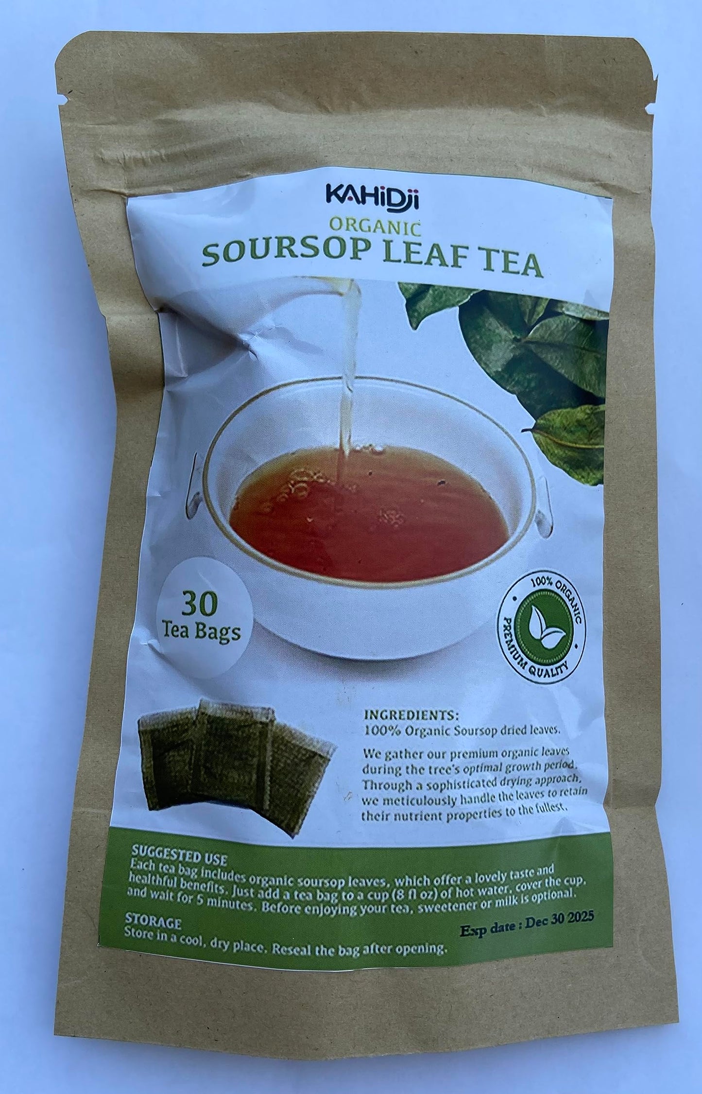 KAHIDJI Premium Soursop Graviola Leaf Tea Bags, 100% Natural, 30 Bags, Sugar/Caffeine/Gluten Free, Non-GMO, Green