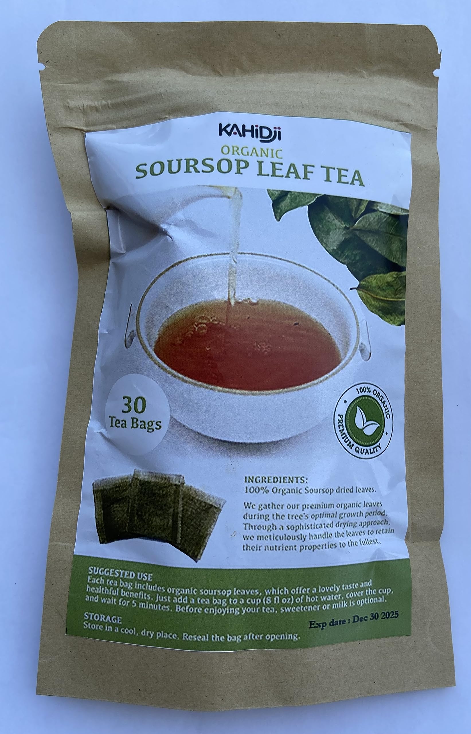 KAHIDJI Premium Soursop Graviola Leaf Tea Bags, 100% Natural, 30 Bags, Sugar/Caffeine/Gluten Free, Non-GMO, Green