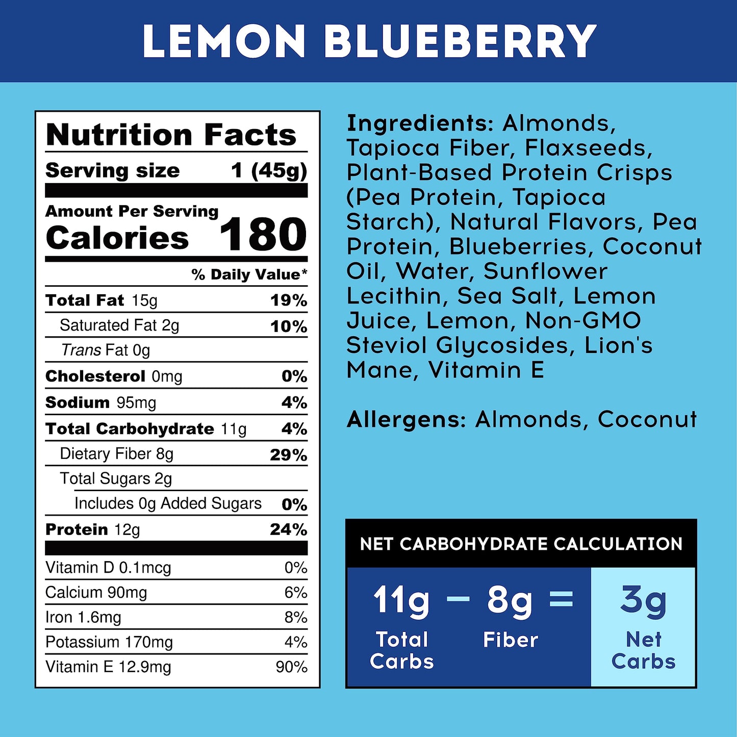 IQBAR Brain and Body Plant Protein Bars - Lemon Blueberry - 36 Count  Low Carb  High Fiber  Gluten Free  Healthy Vegan Snacks - Low Sugar Keto Bar